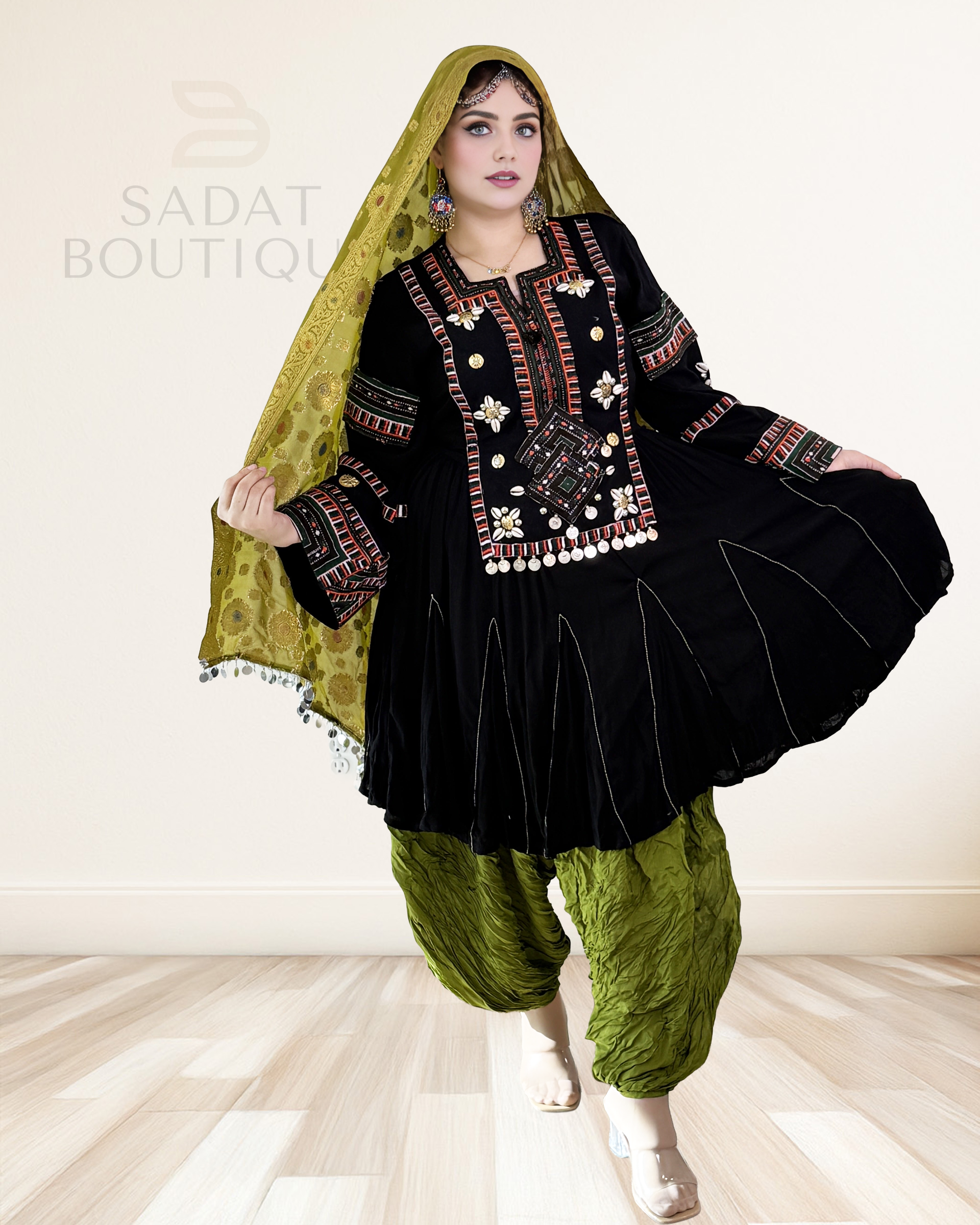 Elegant Black & Olive Traditional Afghan Dress Sadat Boutique