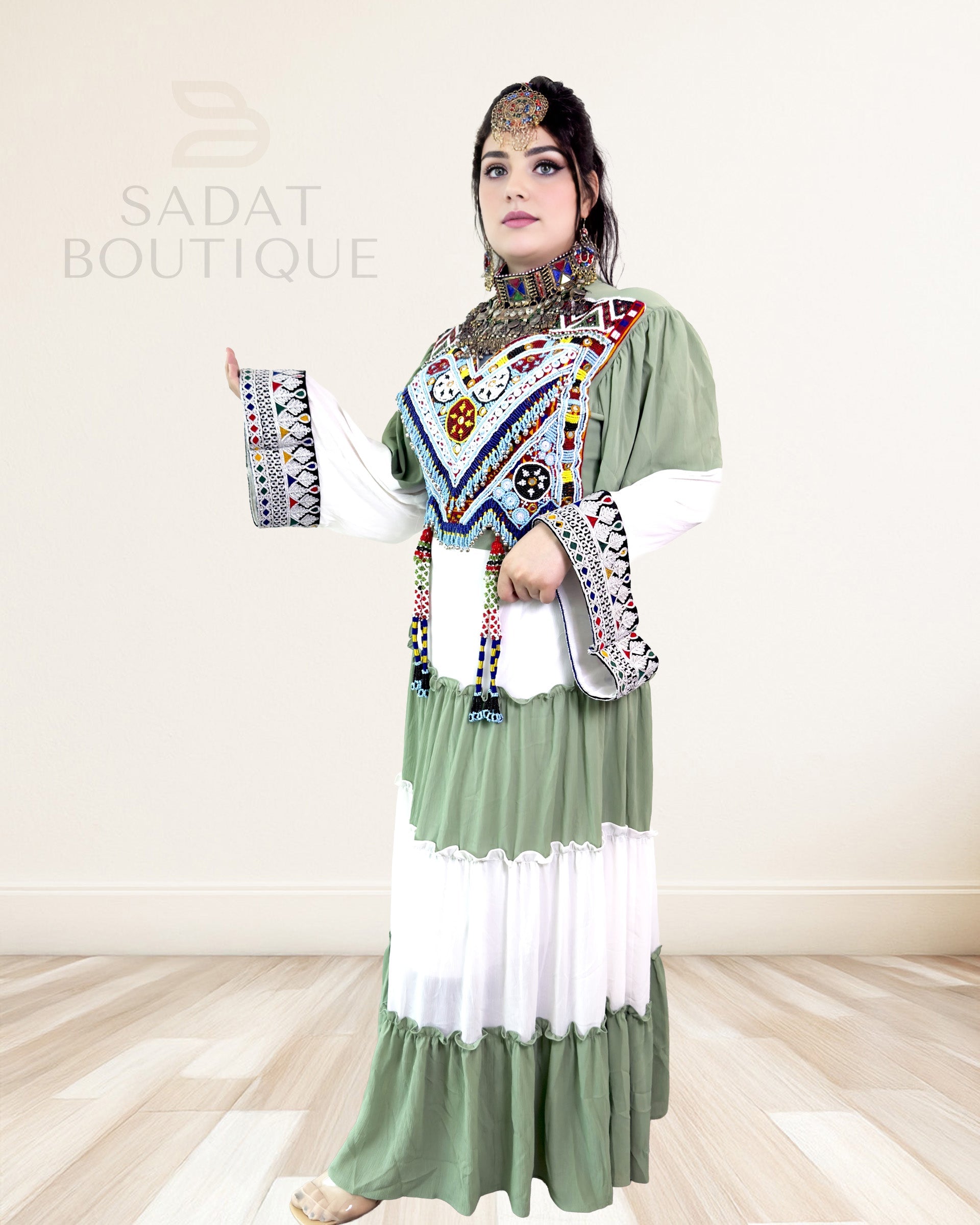 Hand-Embellished Afghan Dress Sage & White Maxi Sadat Boutique