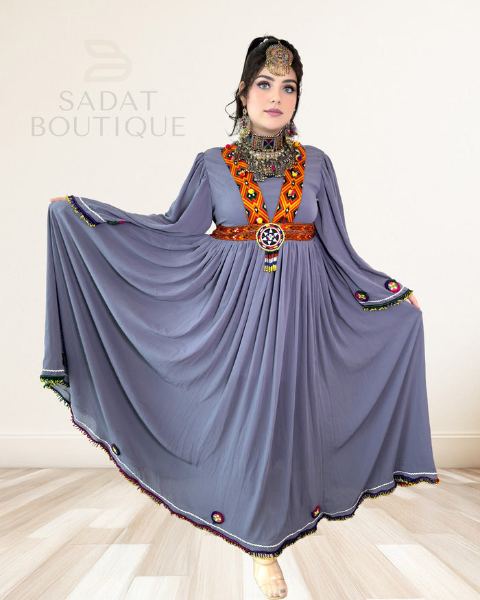 Slate Grey Afghan Beaded Maxi Butterfly Sleeve