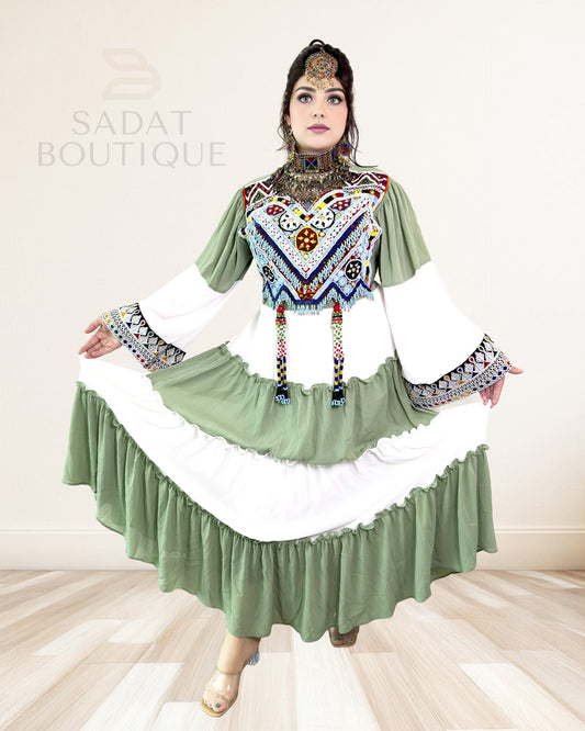 Hand-Embellished Afghan Dress Sage & White Maxi Sadat Boutique