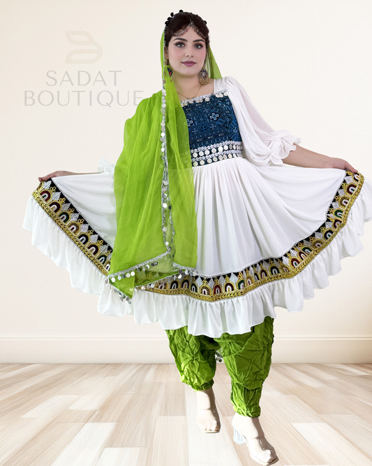 White & Green Traditional Afghan Dress – Timeless Grace by Sadat Boutique Sadat Boutique