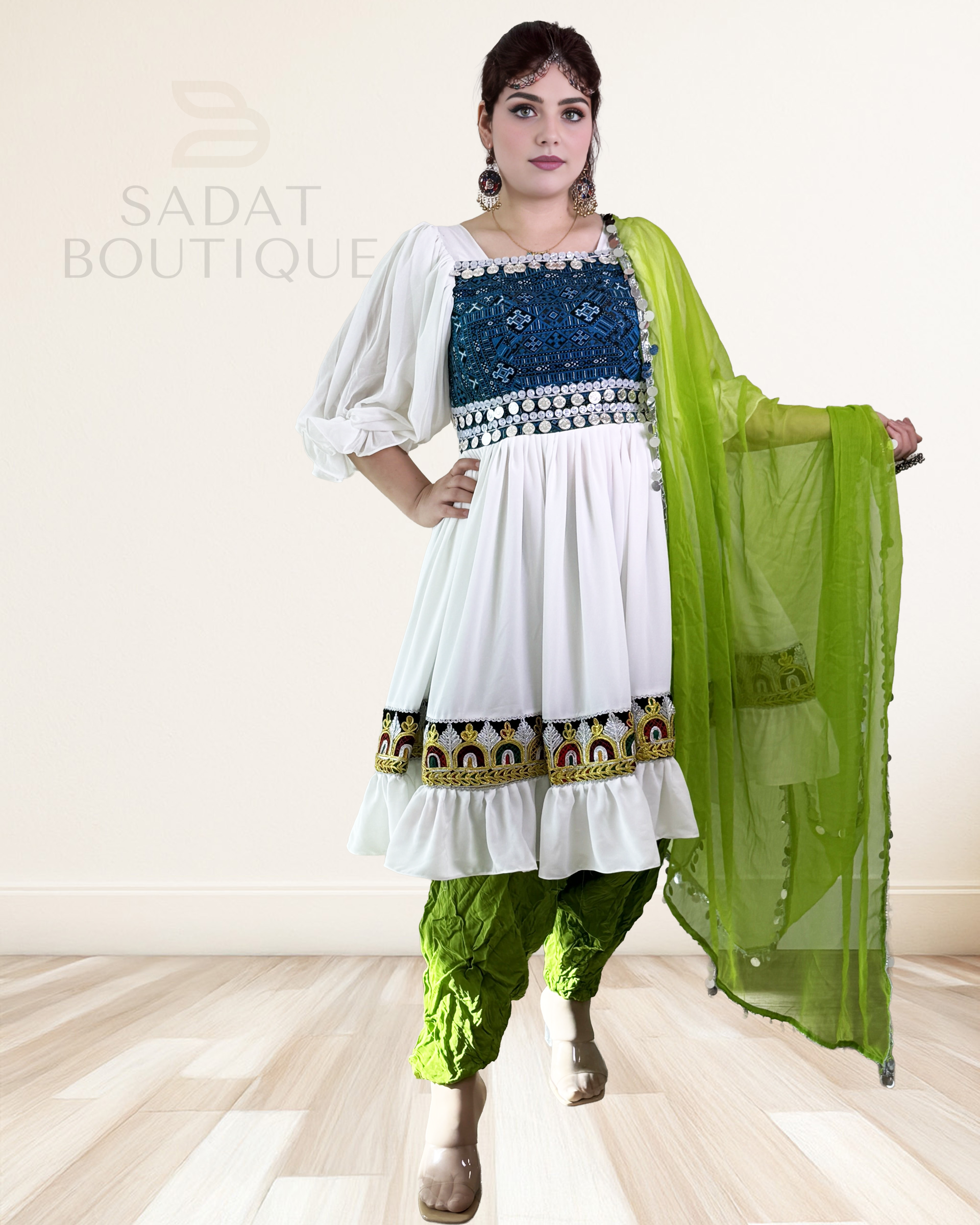 White & Green Traditional Afghan Dress – Timeless Grace by Sadat Boutique Sadat Boutique