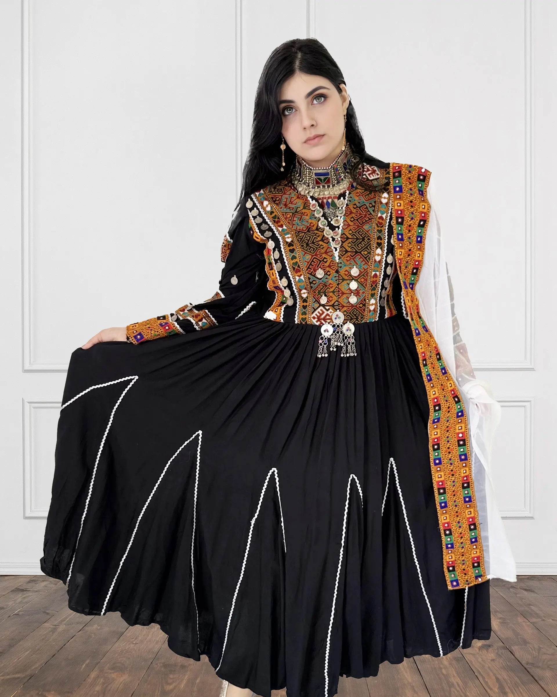 Black Traditional Afghan Dress with Geometric Embroidery and White Sca – Sadat Boutique