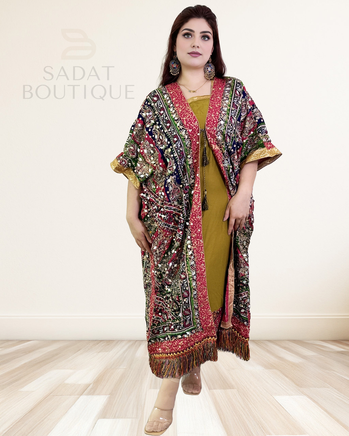 Multicolor Mirror-Work Kaftan with Mustard Inner Dress – Sadat Boutique