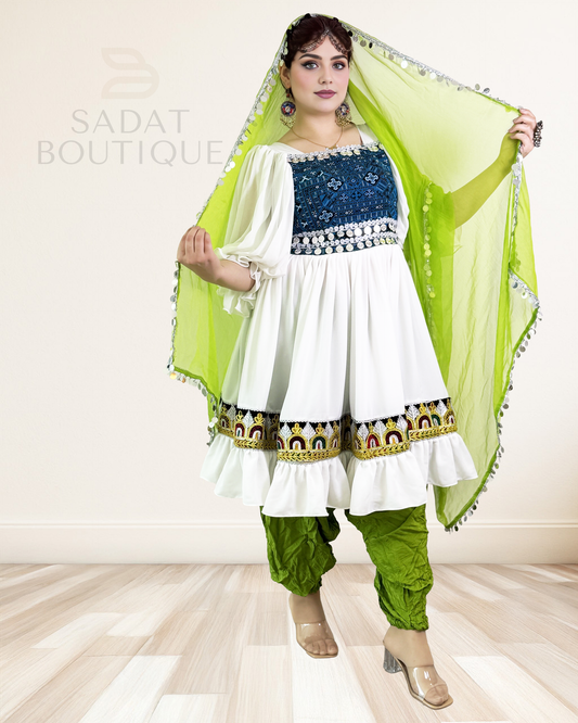 White & Green Traditional Afghan Dress – Timeless Grace by Sadat Boutique Sadat Boutique