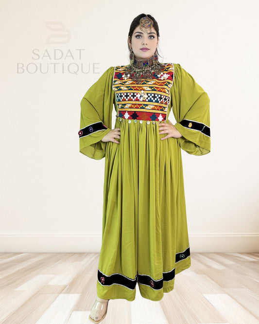 Olive Green Afghan Beaded Maxi Sadat Boutique