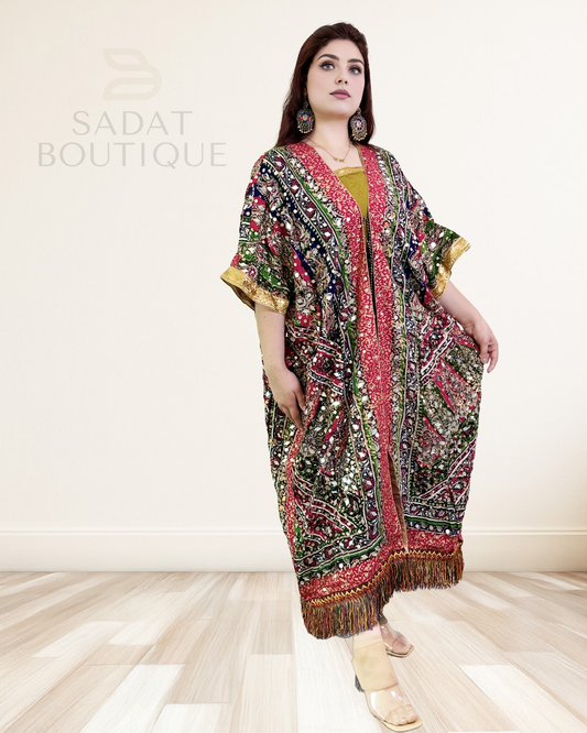 Multicolor Mirror-Work Kaftan with Mustard Inner Dress – Sadat Boutique Sadat Boutique