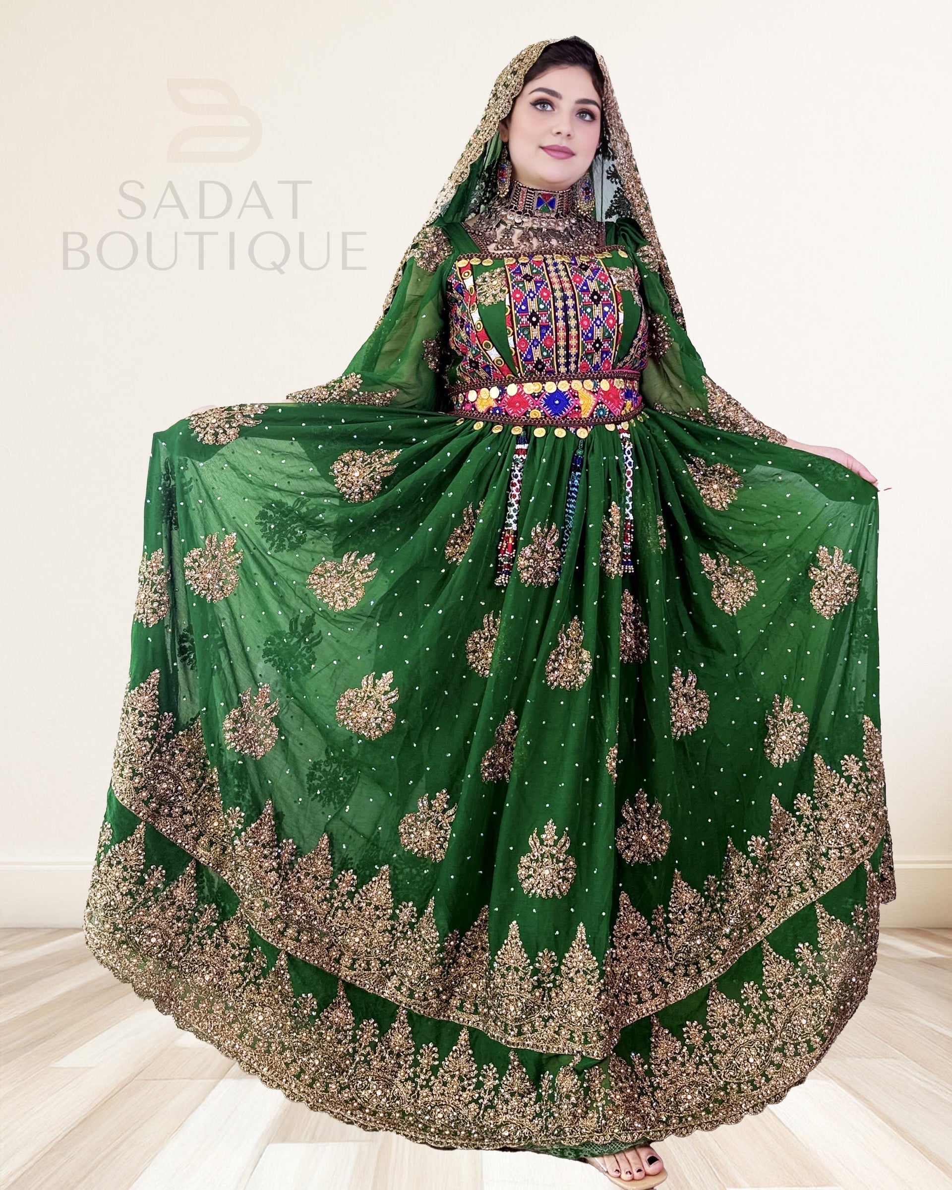 Emerald-Gold Afghan Traditional Dress Sadat Boutique