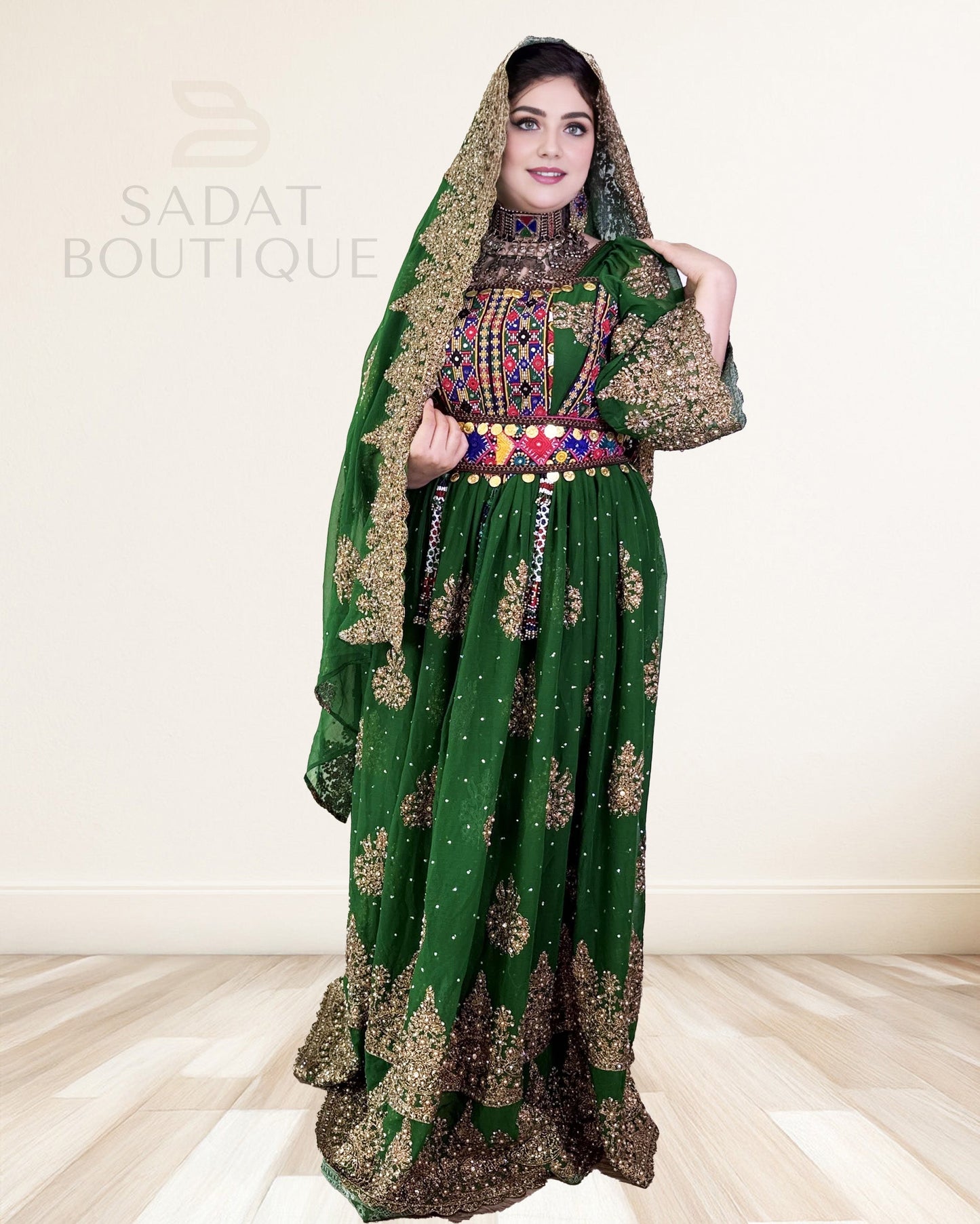 Emerald-Gold Afghan Traditional Dress Sadat Boutique