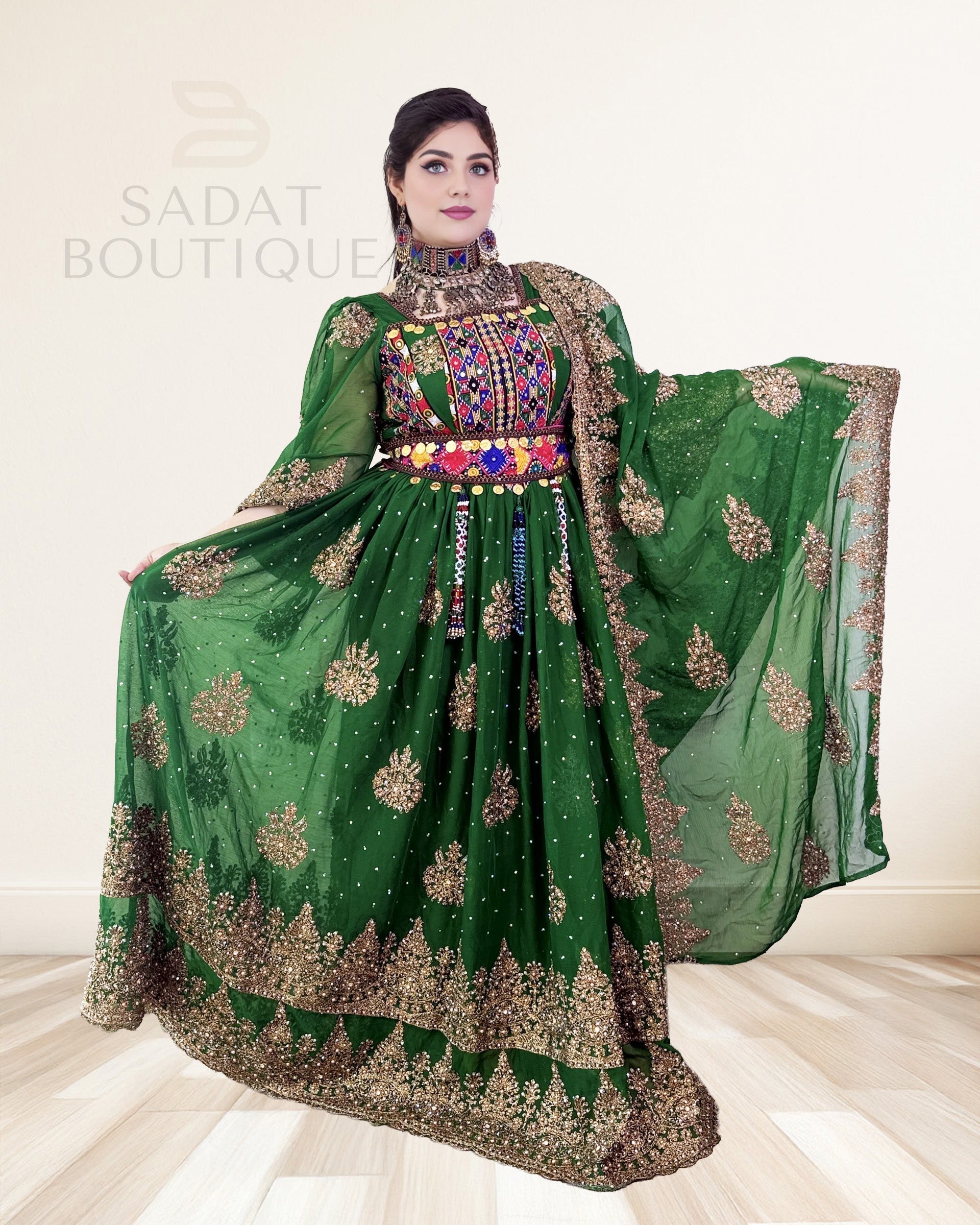 Emerald-Gold Afghan Traditional Dress Sadat Boutique