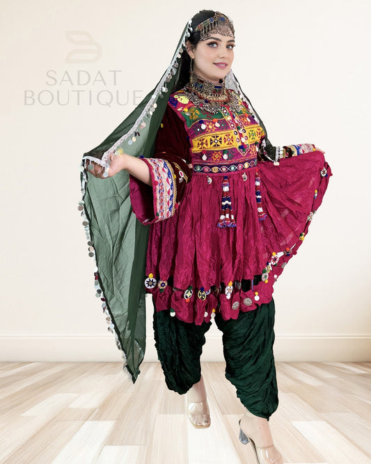 Deep Wine Kuchi Embroidered Kurti with Patiala Salwar & Mirror-Coin Dupatta – 3-Piece Sadat Boutique