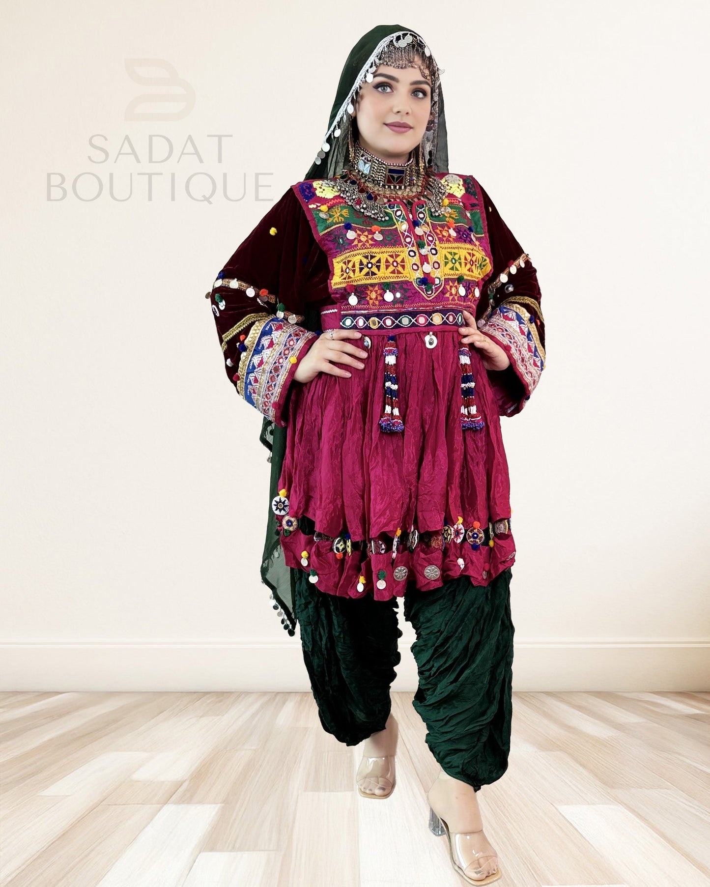Deep Wine Kuchi Embroidered Kurti with Patiala Salwar & Mirror-Coin Dupatta – 3-Piece Sadat Boutique