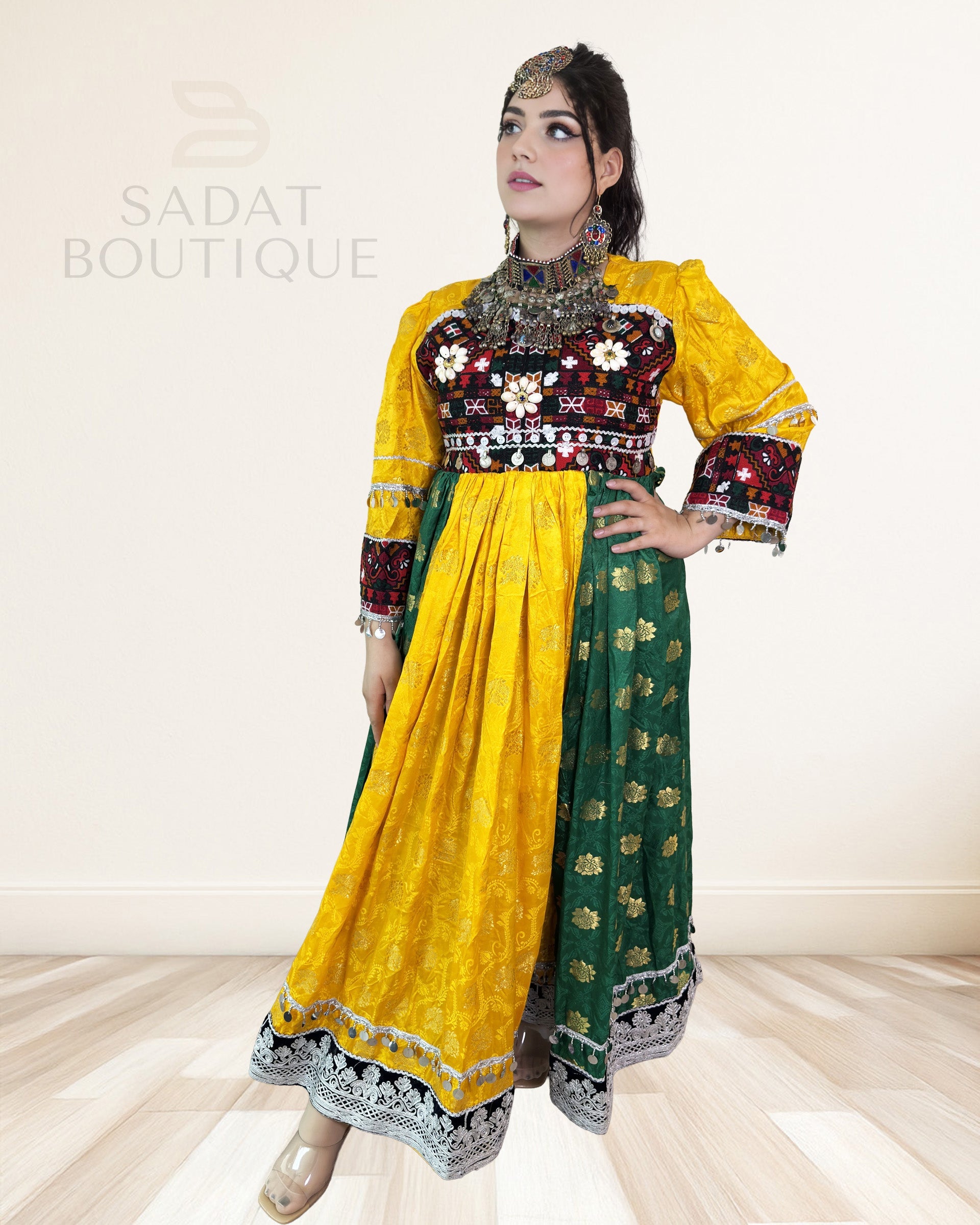 Yellow & Emerald Afghan Mirrorwork Maxi Sadat Boutique