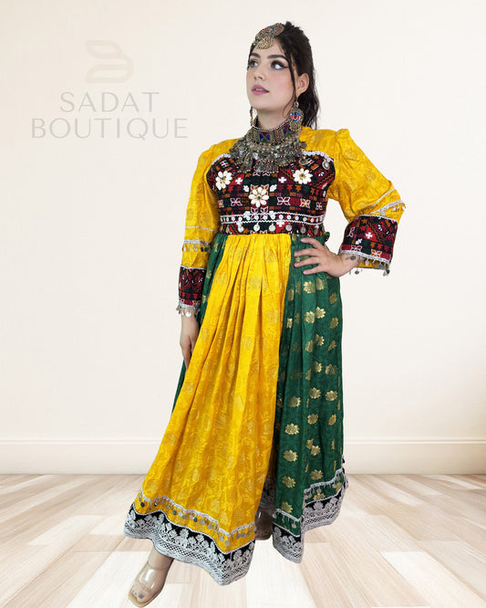 Yellow & Emerald Afghan Mirrorwork Maxi Sadat Boutique