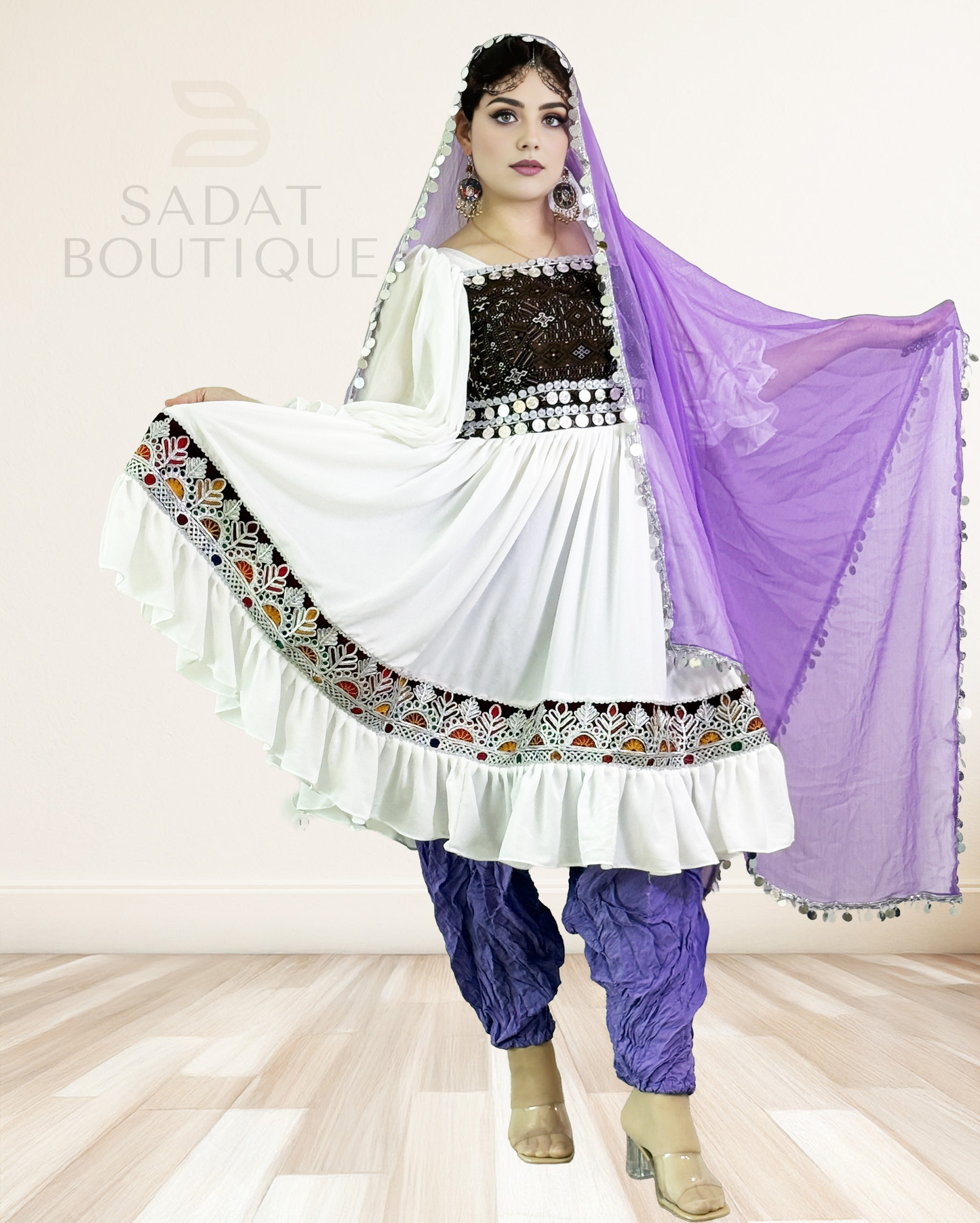 Traditional Afghan Dress – White & Violet Elegance | Sadat Boutique Sadat Boutique