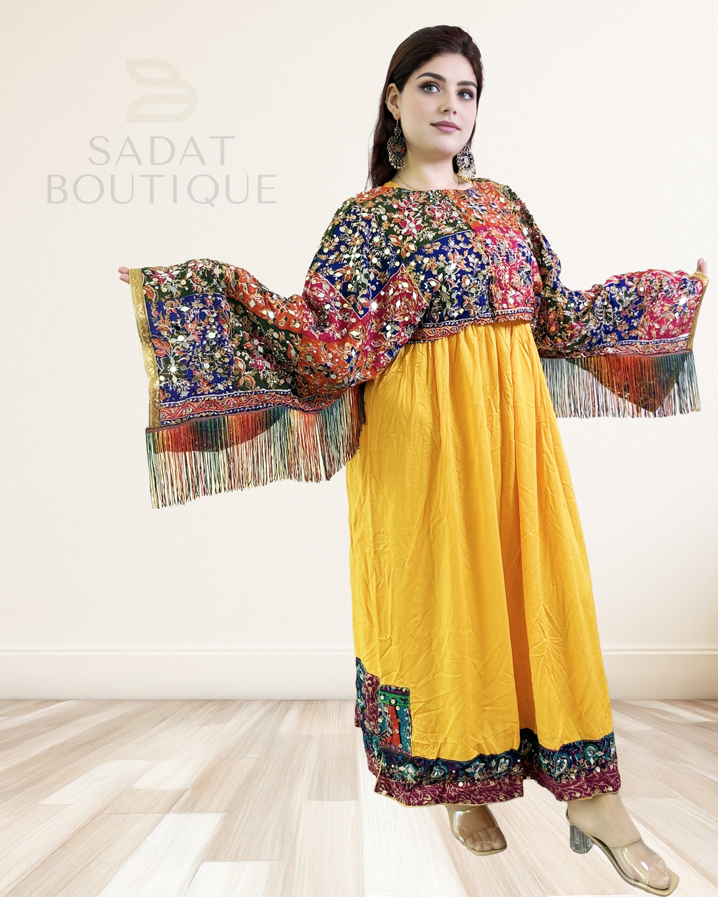 Afghan Traditional Kameez – Golden Glow with Embroidered Elegance | Sadat Boutique Sadat Boutique