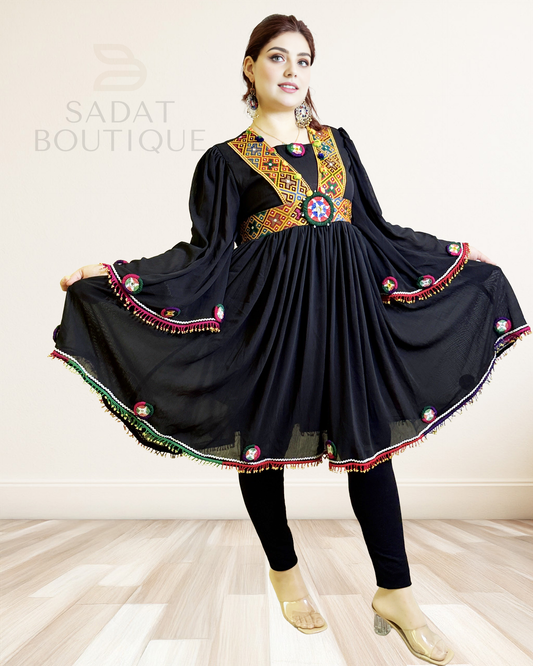Afghan Traditional Dress – Black Elegance with Hand Embroidery | Sadat Boutique Sadat Boutique