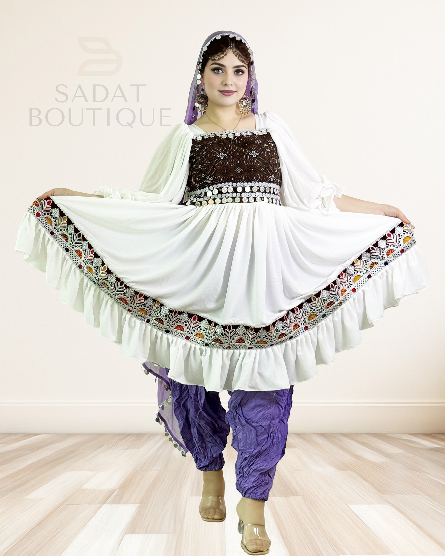 Traditional Afghan Dress – White & Violet Elegance | Sadat Boutique Sadat Boutique