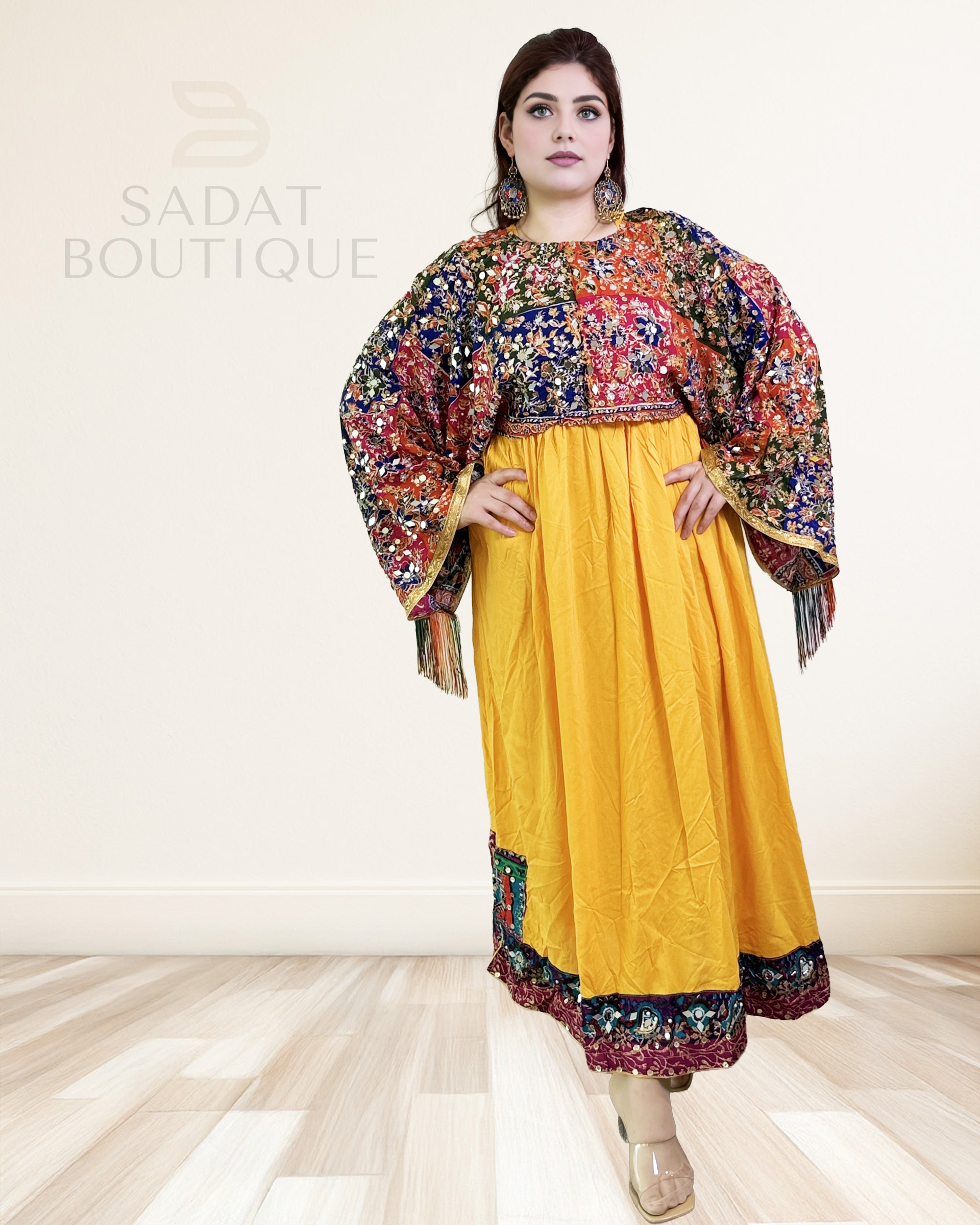 Afghan Traditional Kameez – Golden Glow with Embroidered Elegance | Sadat Boutique Sadat Boutique