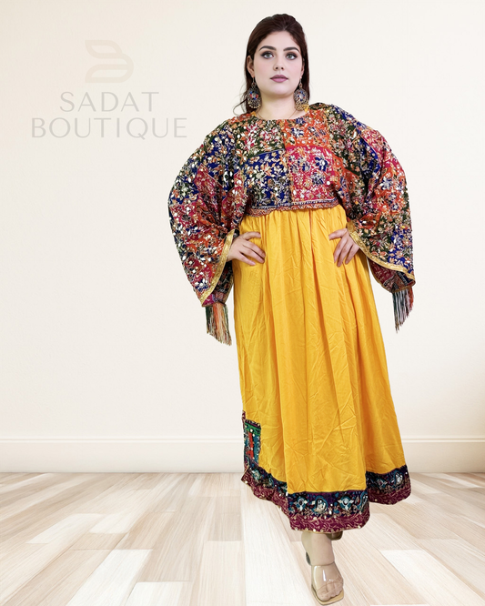 Afghan Traditional Kameez – Golden Glow with Embroidered Elegance | Sadat Boutique Sadat Boutique