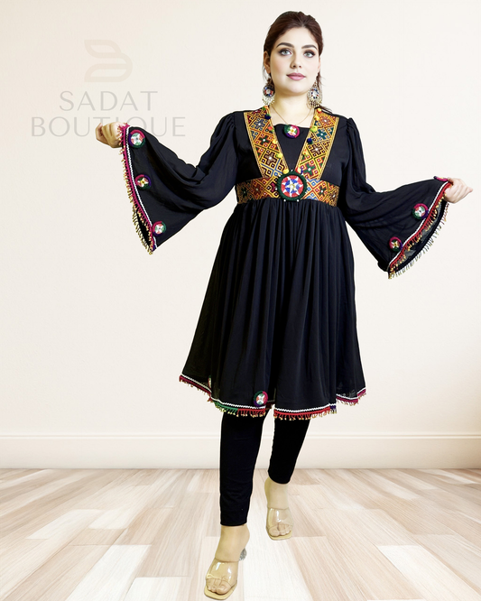 Afghan Traditional Dress – Black Elegance with Hand Embroidery | Sadat Boutique Sadat Boutique