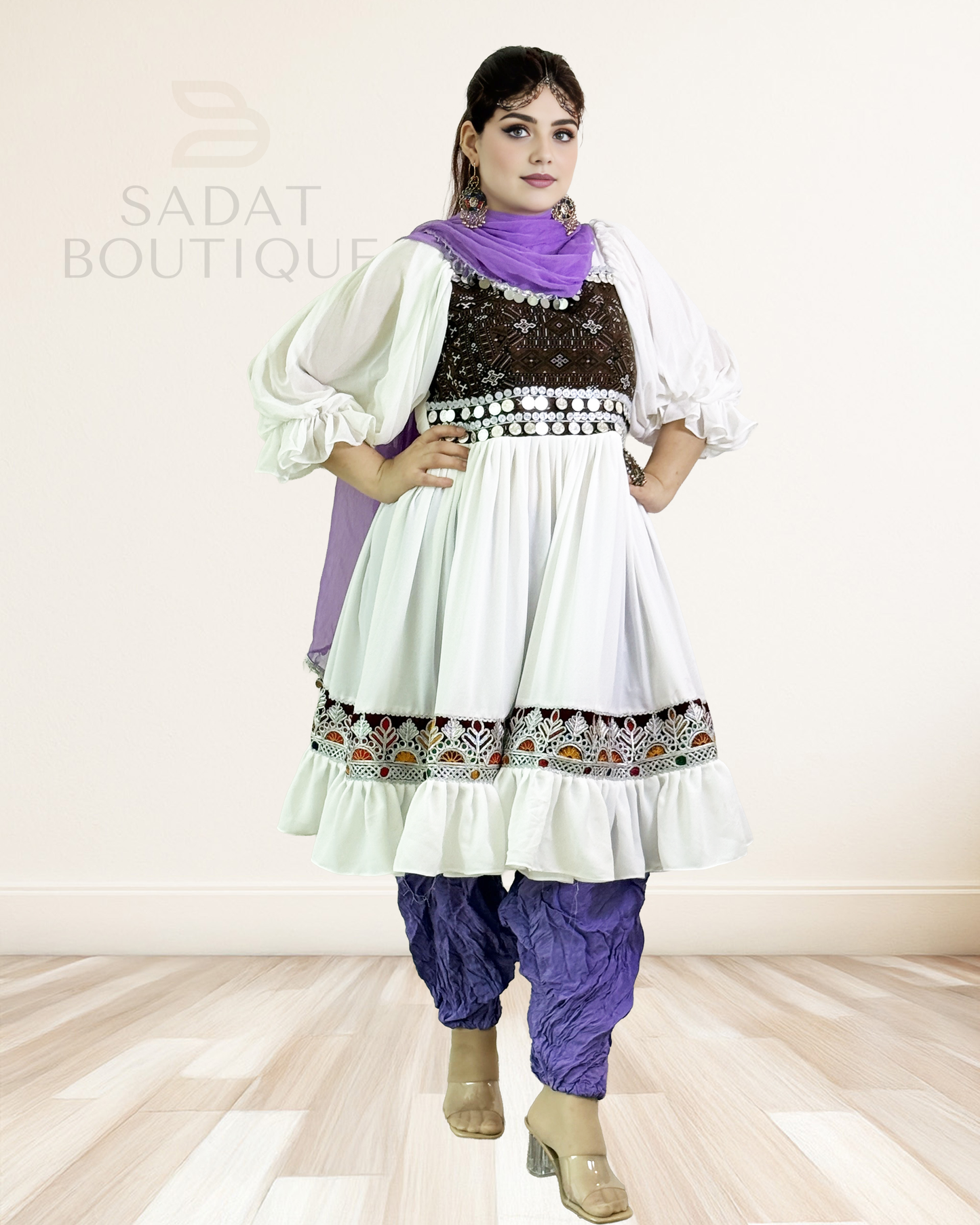 Traditional Afghan Dress – White & Violet Elegance | Sadat Boutique Sadat Boutique