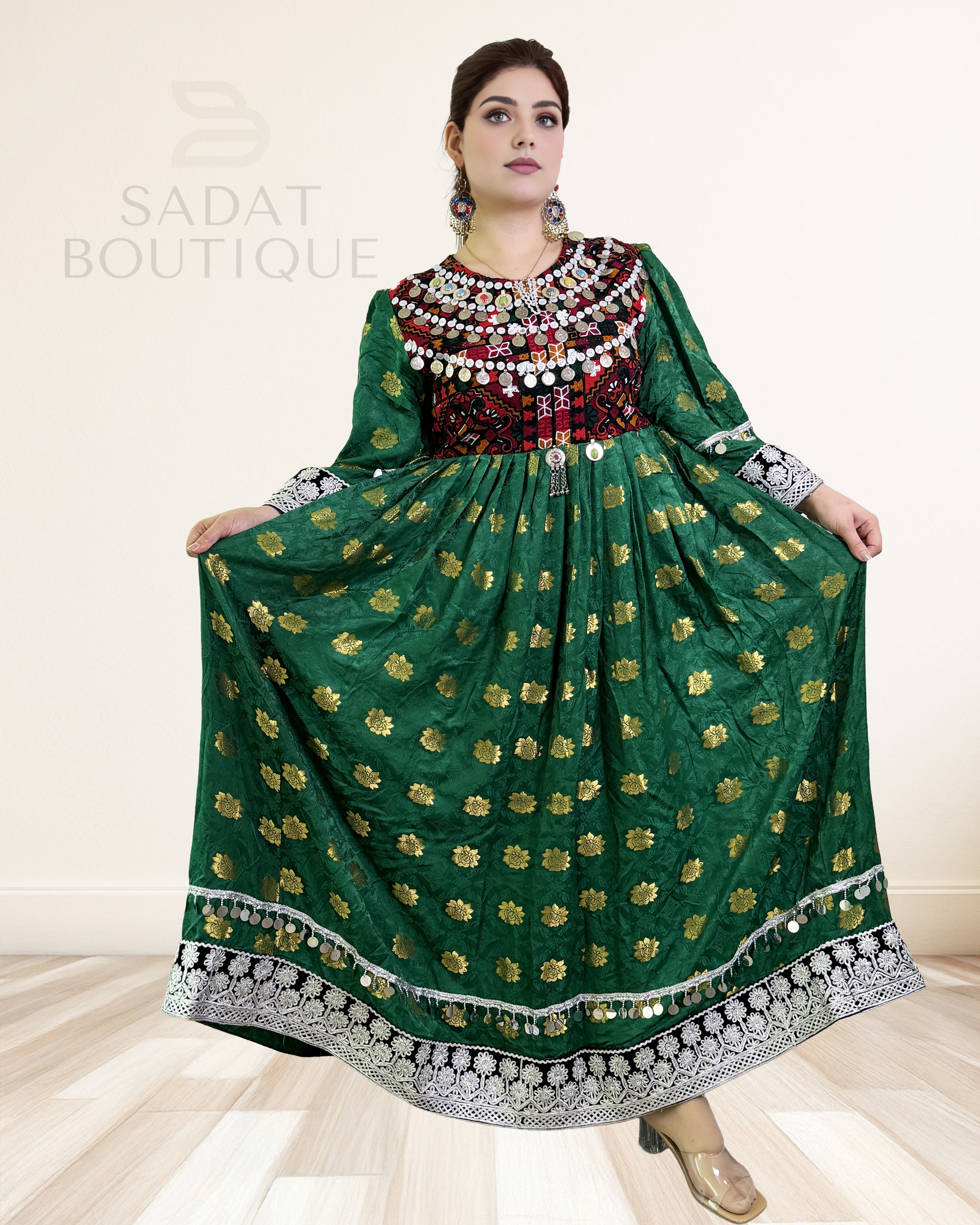 Afghan Traditional Dress – Emerald Green with Mirror Embroidery | Sadat Boutique Sadat Boutique