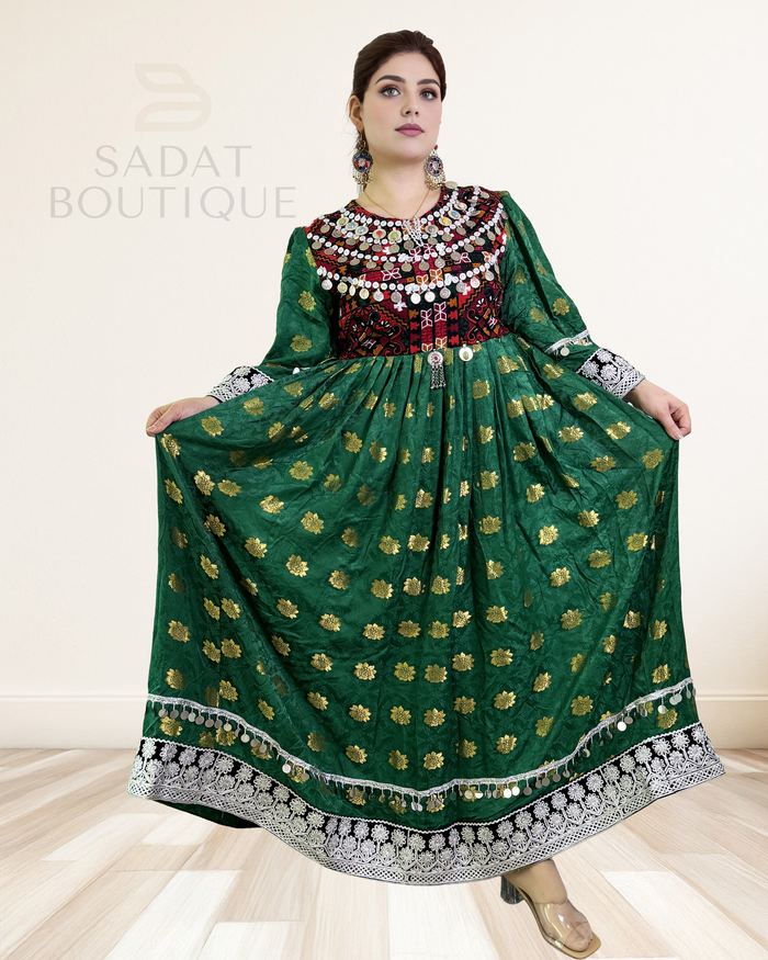 Afghan Traditional Dress – Emerald Green with Mirror Embroidery | Sadat Boutique