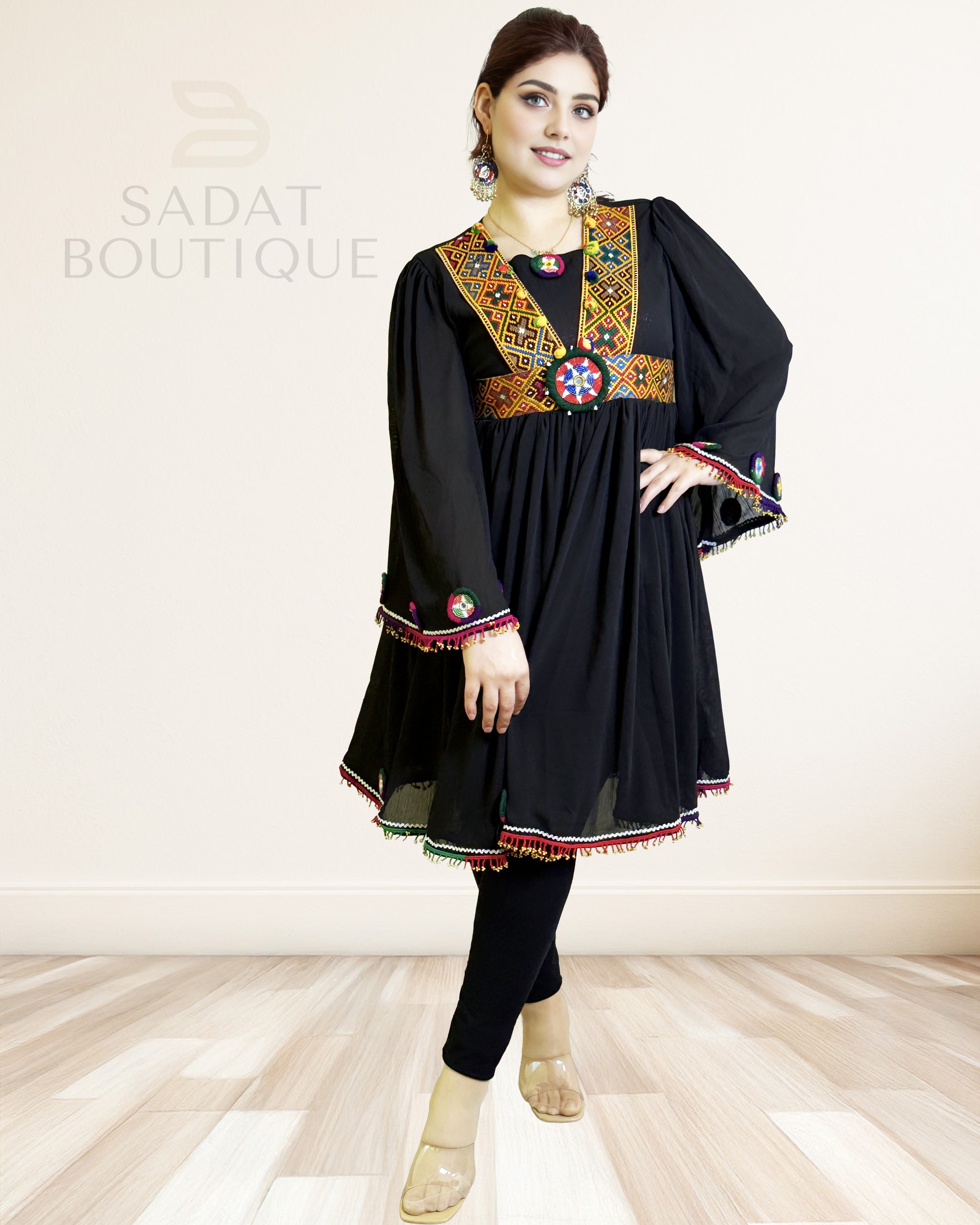 Afghan Traditional Dress – Black Elegance with Hand Embroidery | Sadat Boutique Sadat Boutique