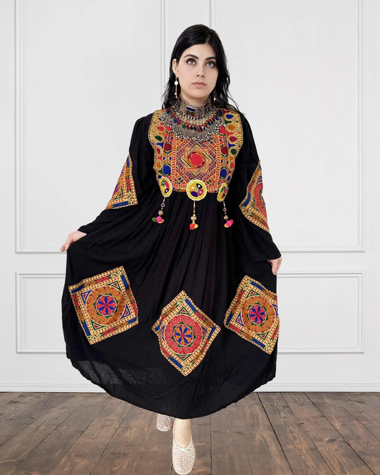 Black Traditional Afghan Dress with Colorful Patchwork Embroidery Sadat Boutique