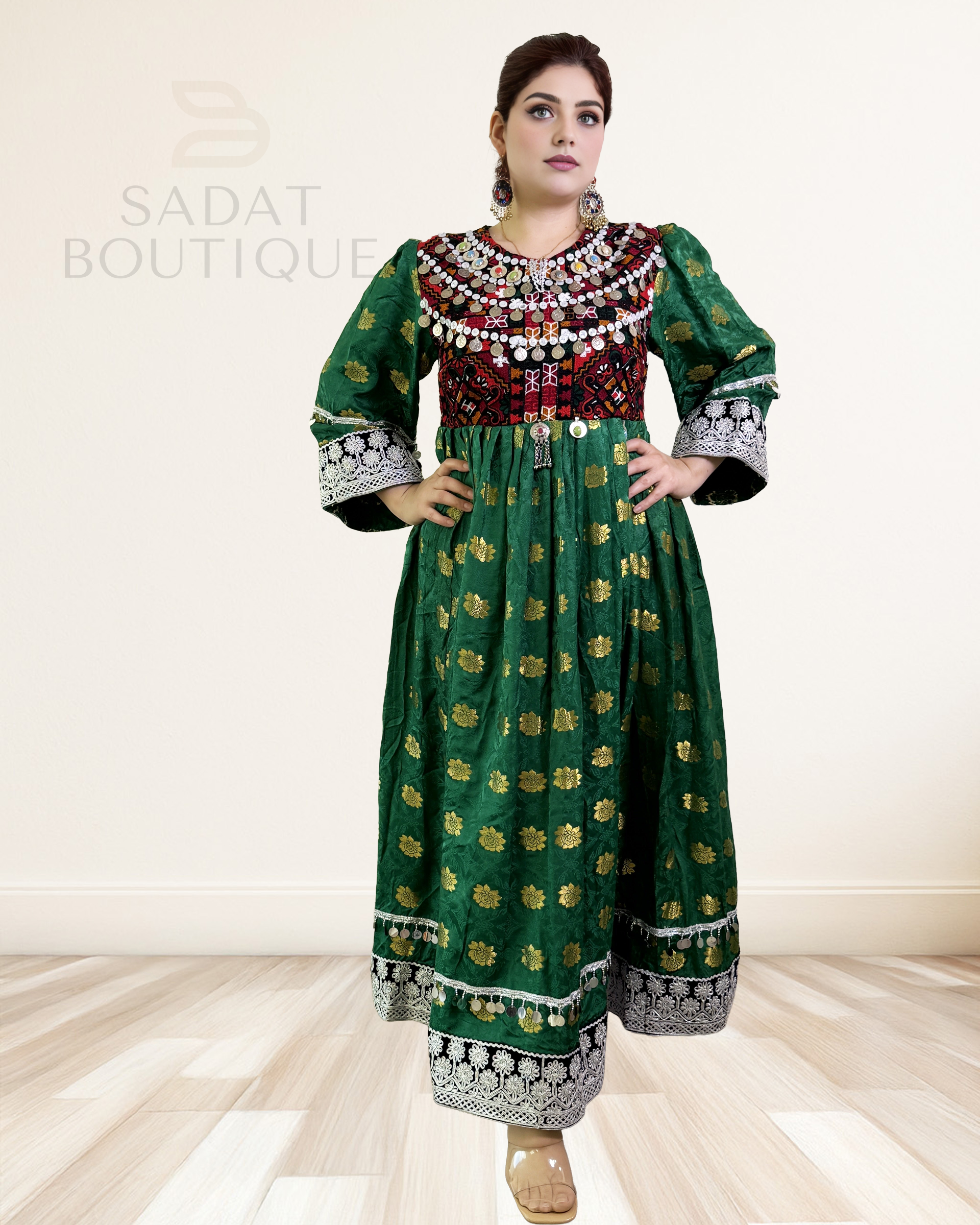 Afghan Traditional Dress – Emerald Green with Mirror Embroidery | Sadat Boutique Sadat Boutique