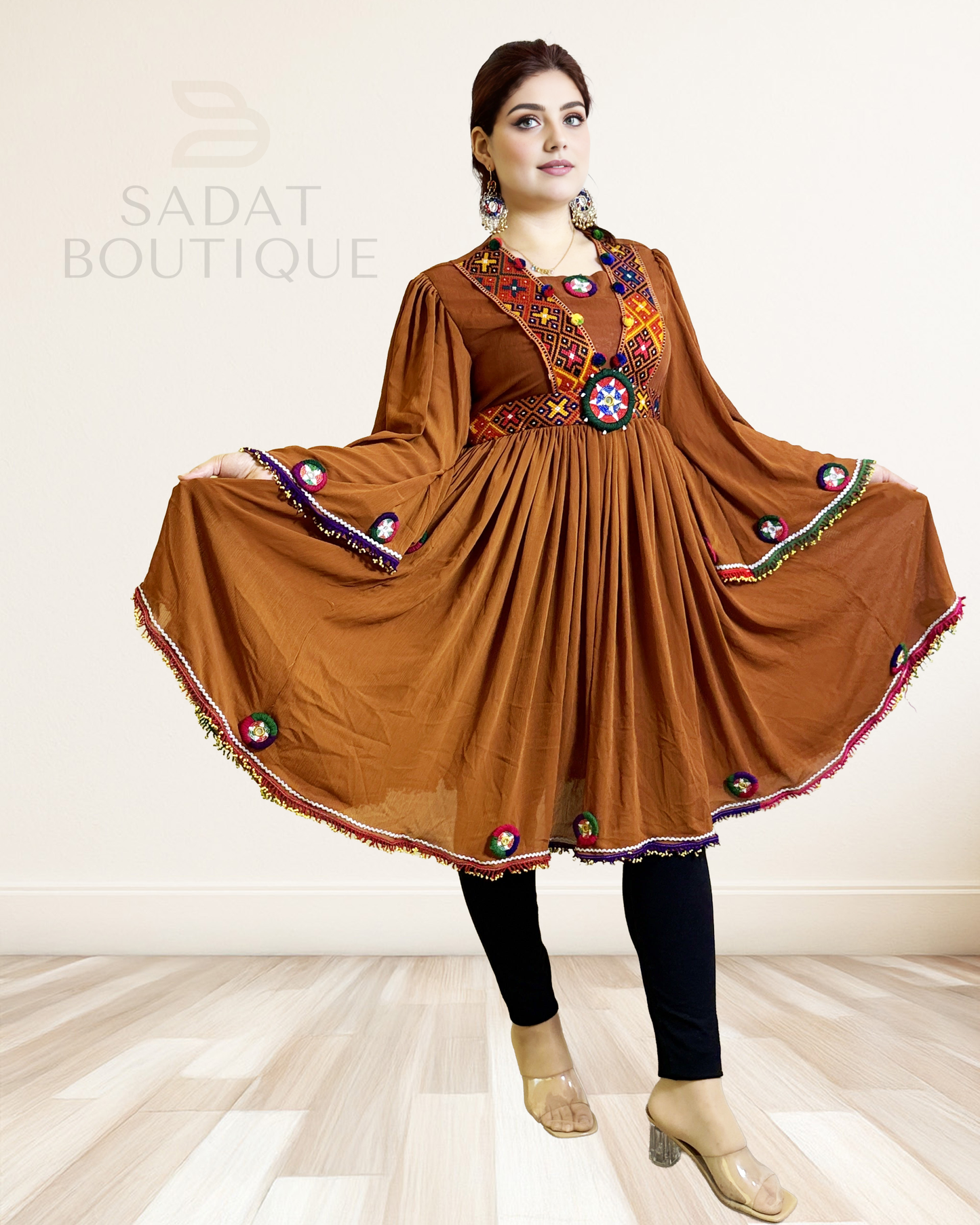 Afghan Traditional Dress – Earthy Brown with Hand Embroidery | Sadat Boutique Sadat Boutique
