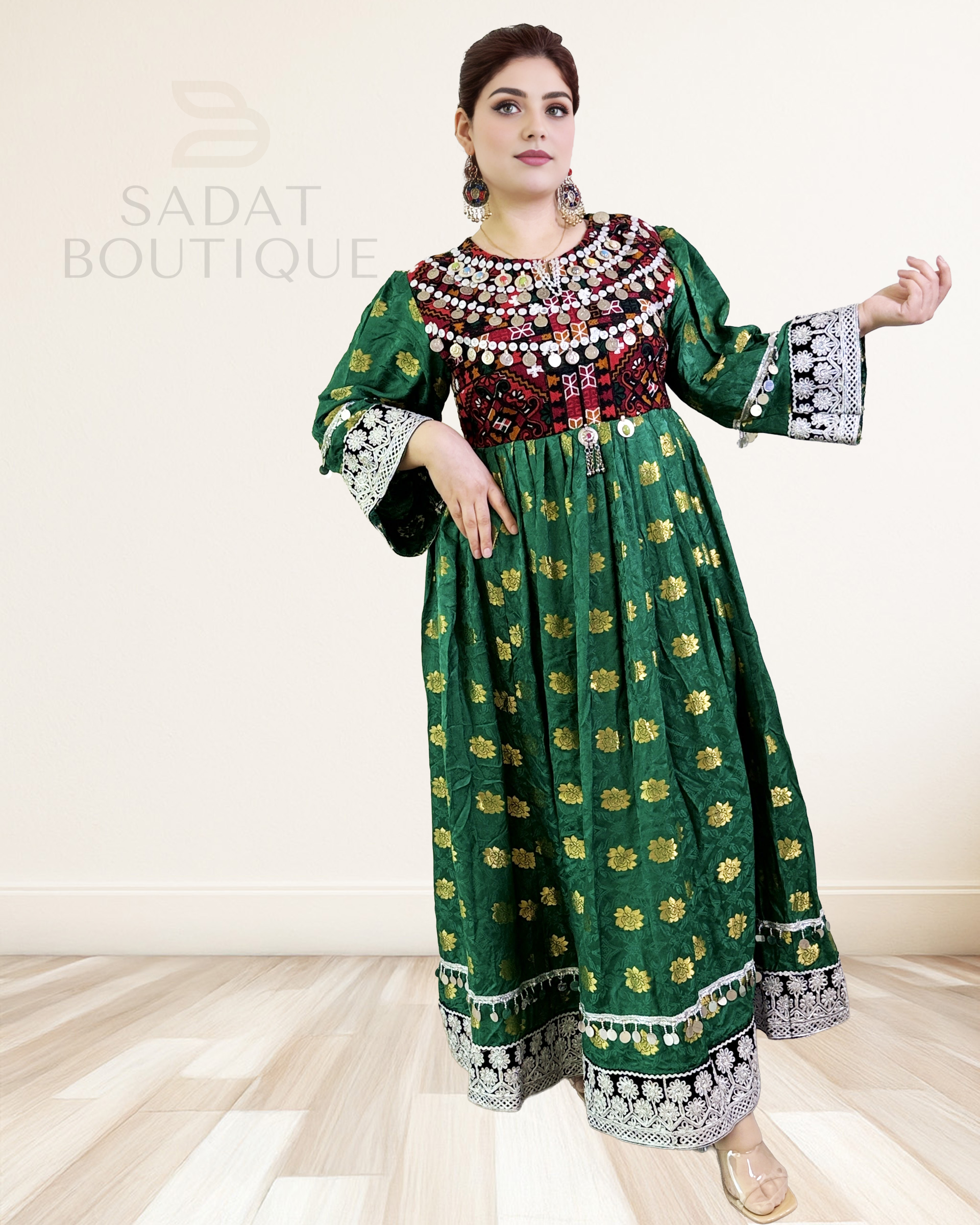 Afghan Traditional Dress – Emerald Green with Mirror Embroidery | Sadat Boutique Sadat Boutique