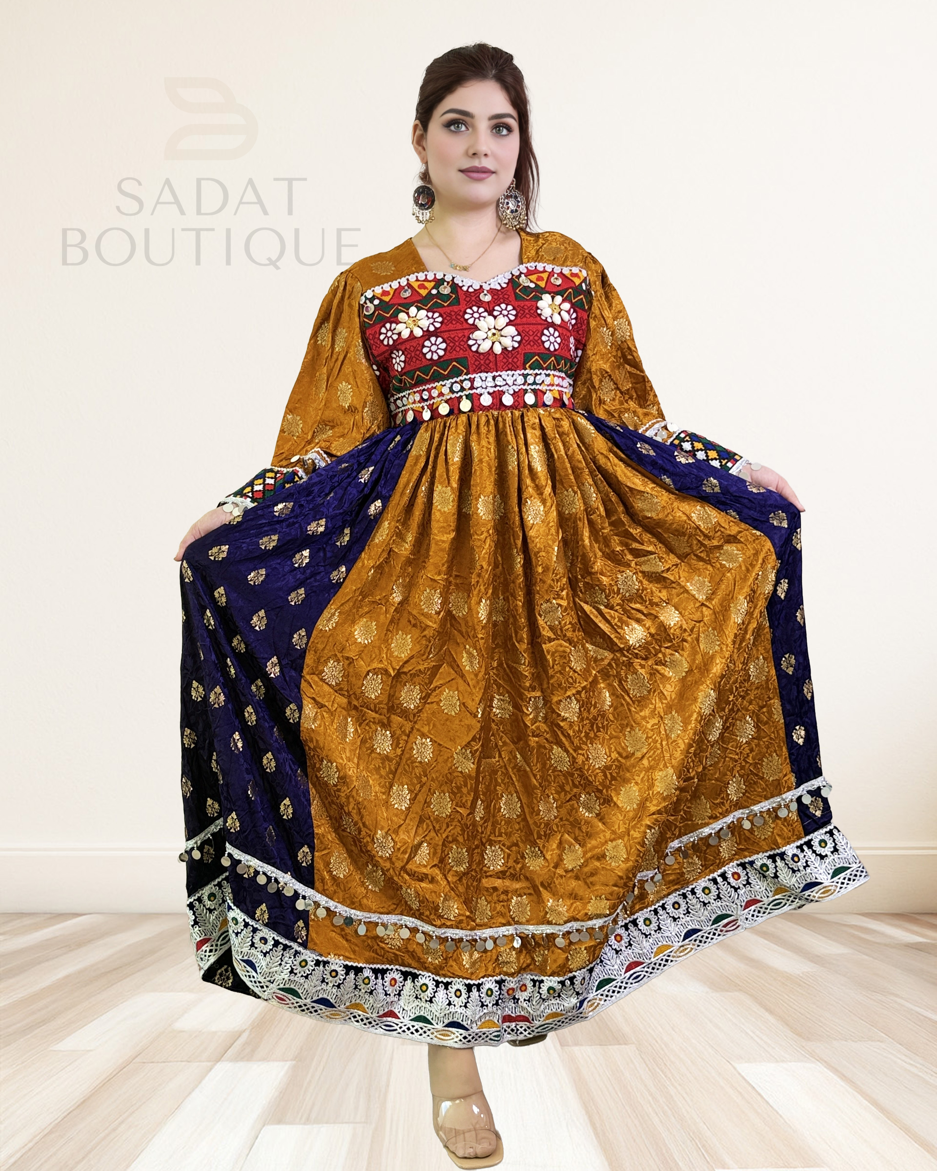 Afghan Traditional Dress – Golden & Navy Elegance | Sadat Boutique Sadat Boutique
