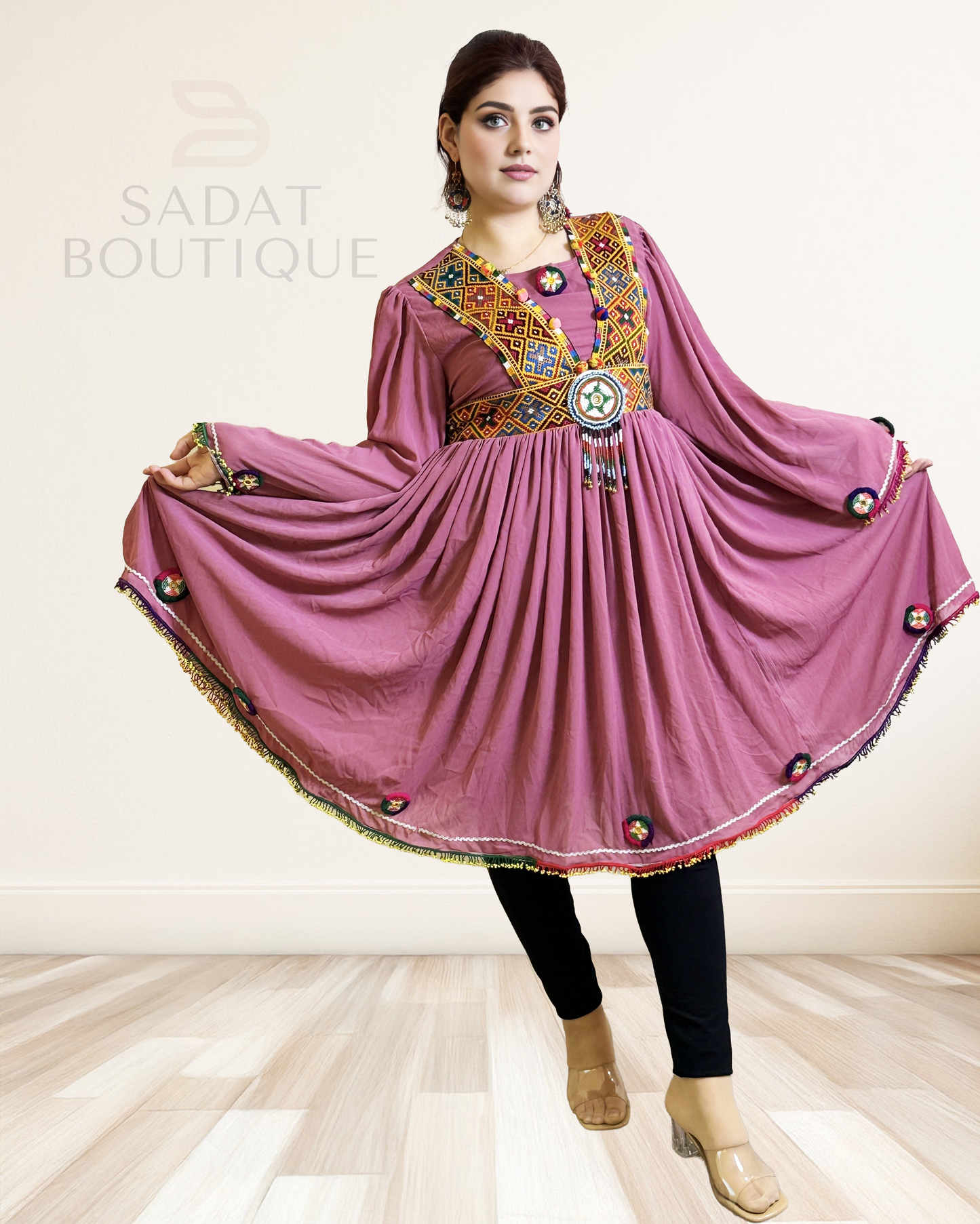 Afghan Traditional Dress – Rose Pink with Hand Embroidered Bodice | Sadat Boutique Sadat Boutique