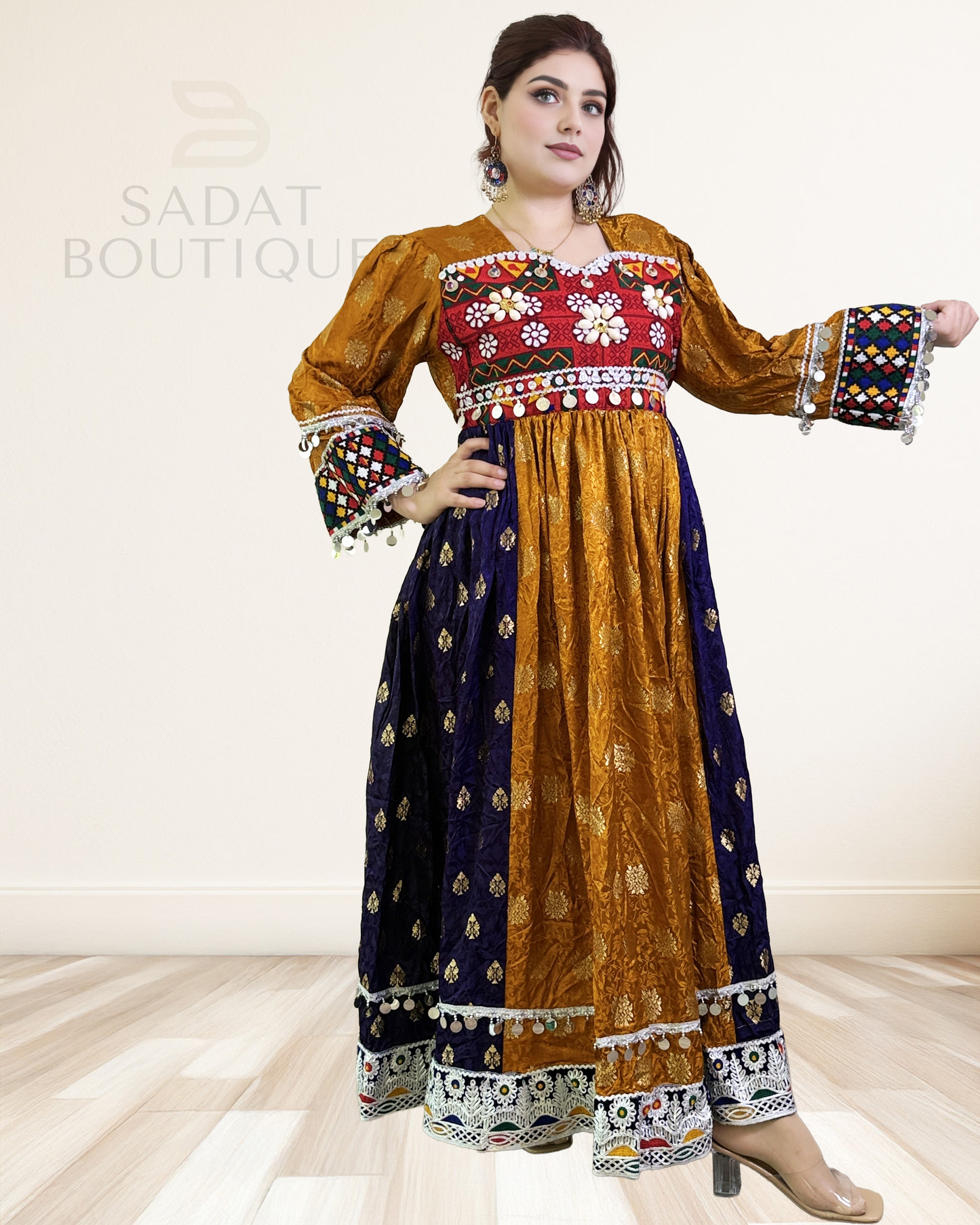 Afghan Traditional Dress – Golden & Navy Elegance | Sadat Boutique Sadat Boutique