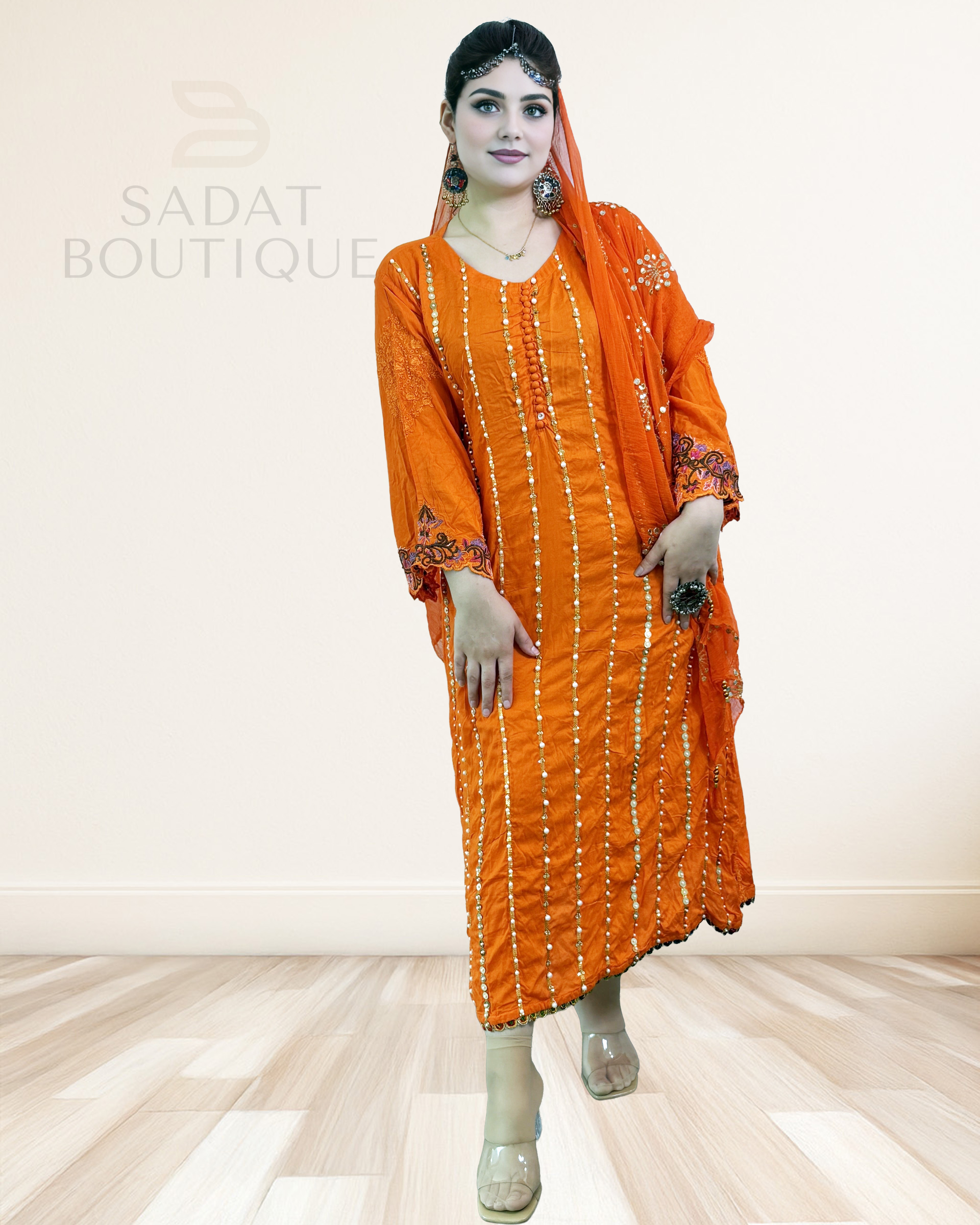 Afghan Traditional Dress – Radiant Orange with Mirrorwork | Sadat Boutique Sadat Boutique