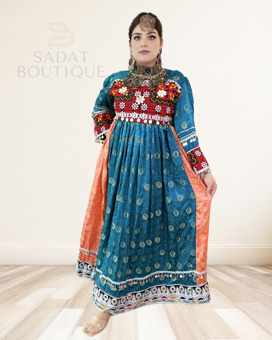Teal & Coral Afghan Mirrorwork Maxi Sadat Boutique