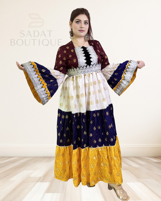 Afghan Traditional Dress – Burgundy, Ivory & Gold Multi-Tone | Sadat Boutique Sadat Boutique
