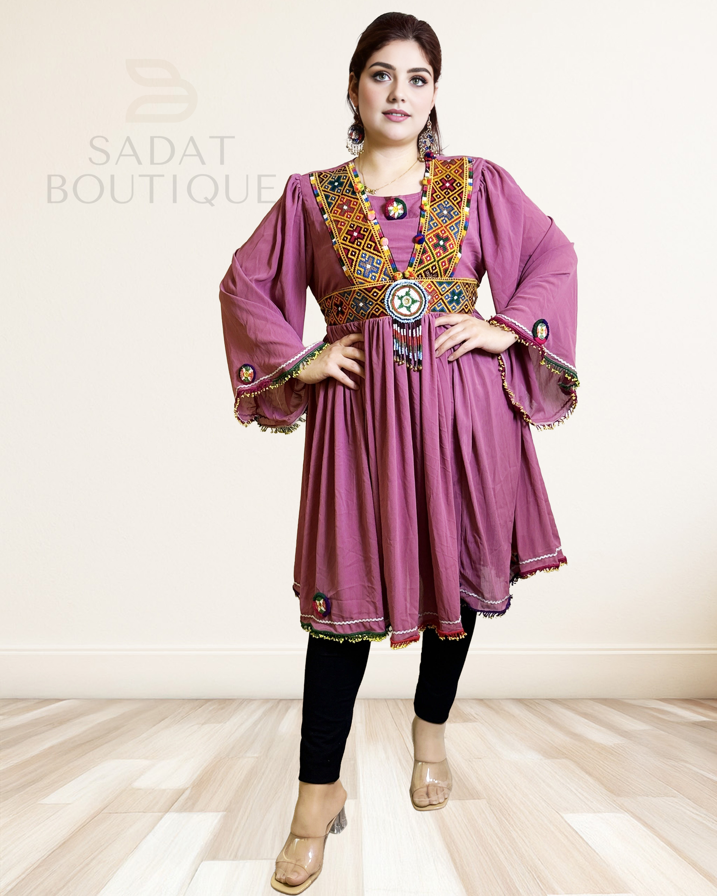 Afghan Traditional Dress – Rose Pink with Hand Embroidered Bodice | Sadat Boutique Sadat Boutique