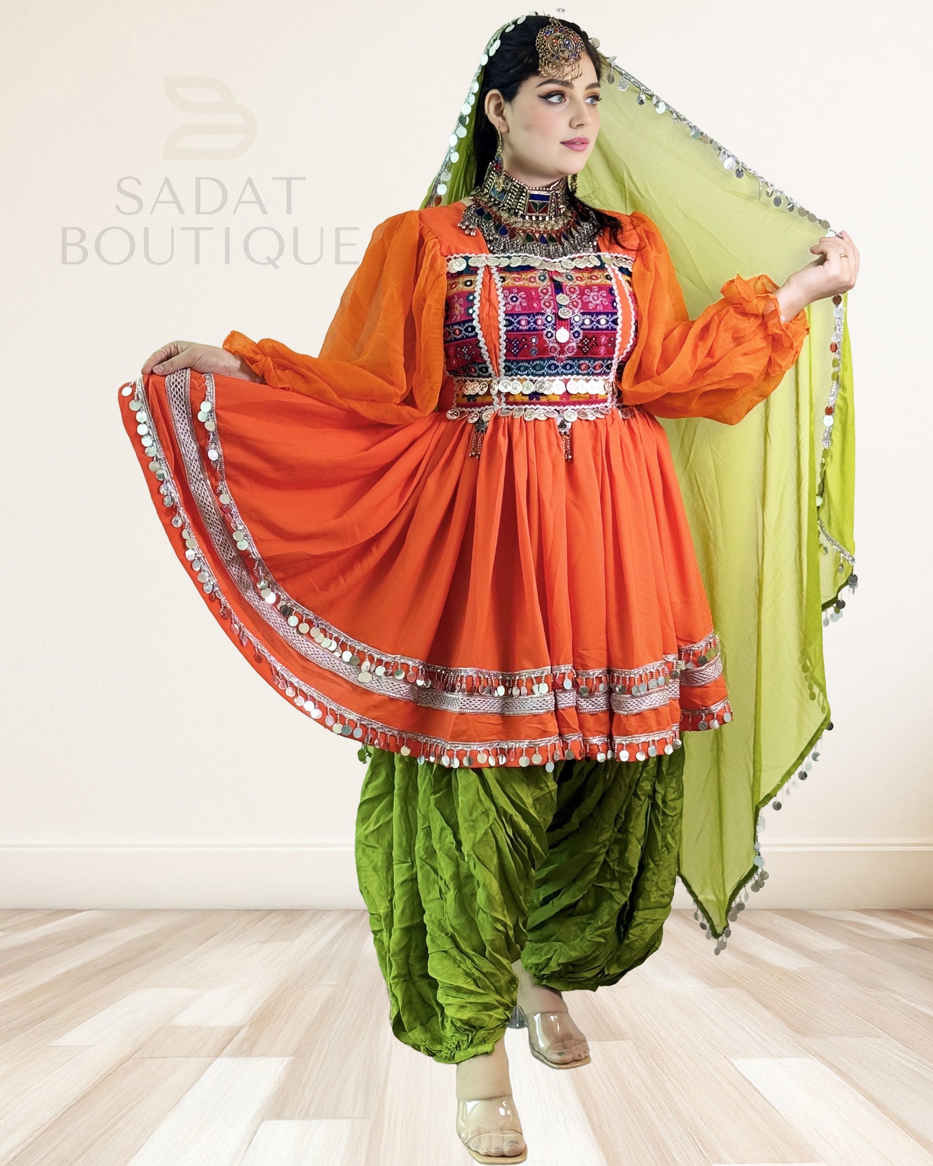 Orange Kuchi Embroidered Kurti with Patiala Salwar & Mirrorwork Dupatta – 3-Piece Sadat Boutique