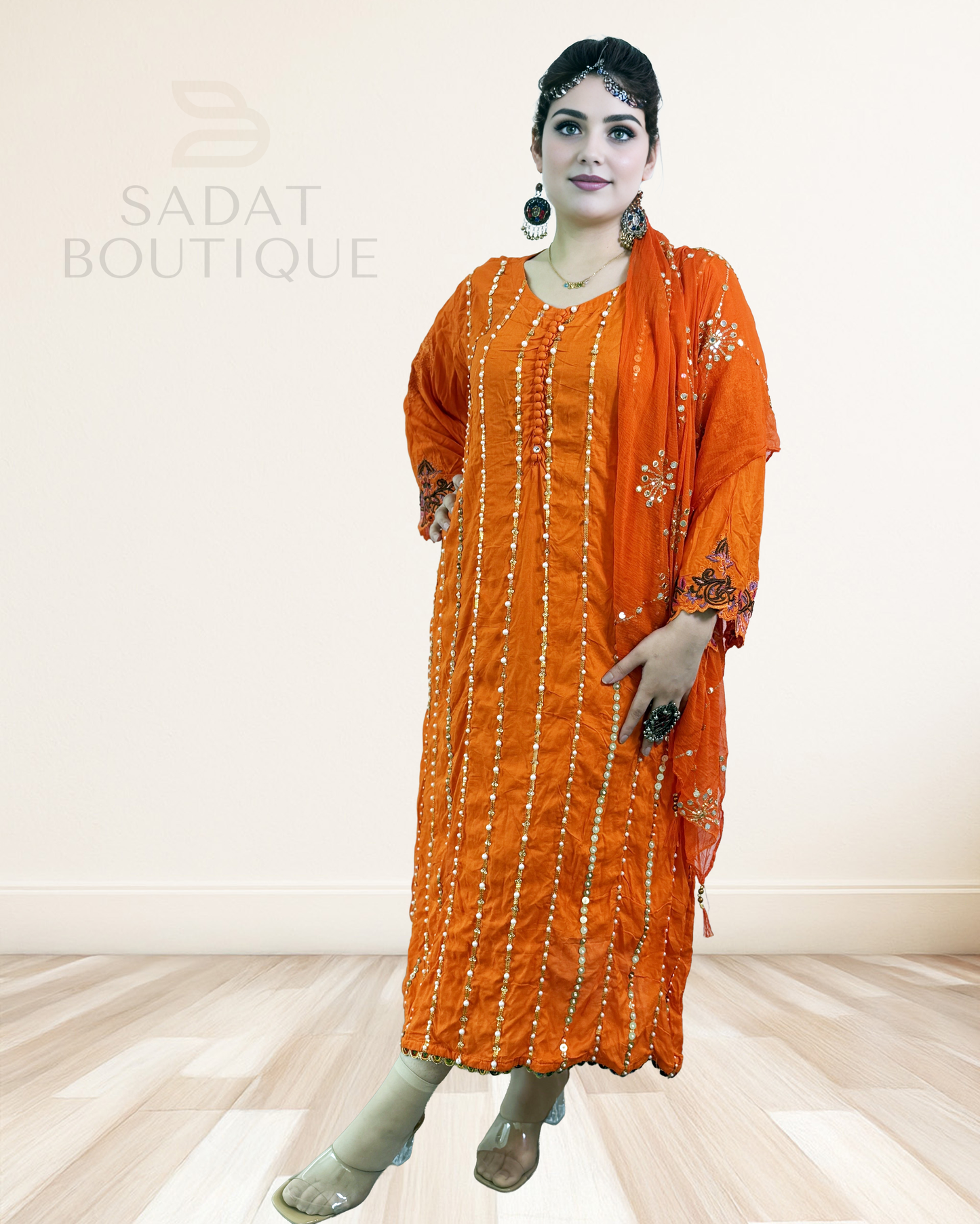 Afghan Traditional Dress – Radiant Orange with Mirrorwork | Sadat Boutique Sadat Boutique