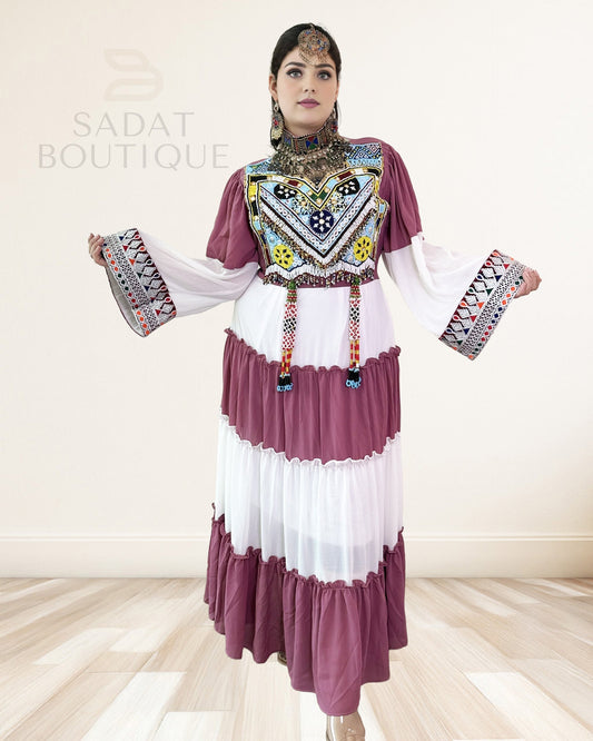 Mauve & White Afghan Beaded Tiered Maxi Sadat Boutique