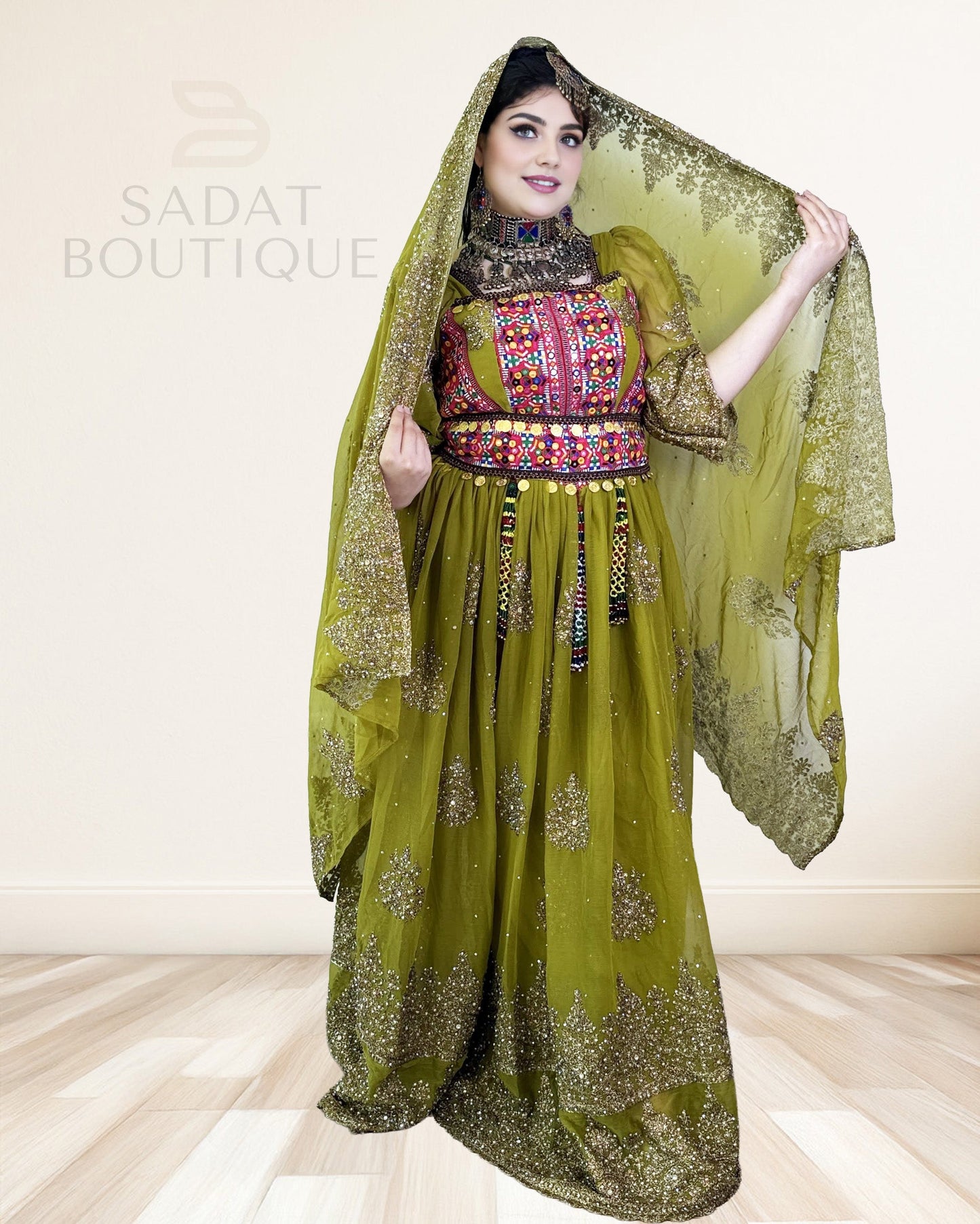 Olive-Gold Afghan Traditional Dress Sadat Boutique