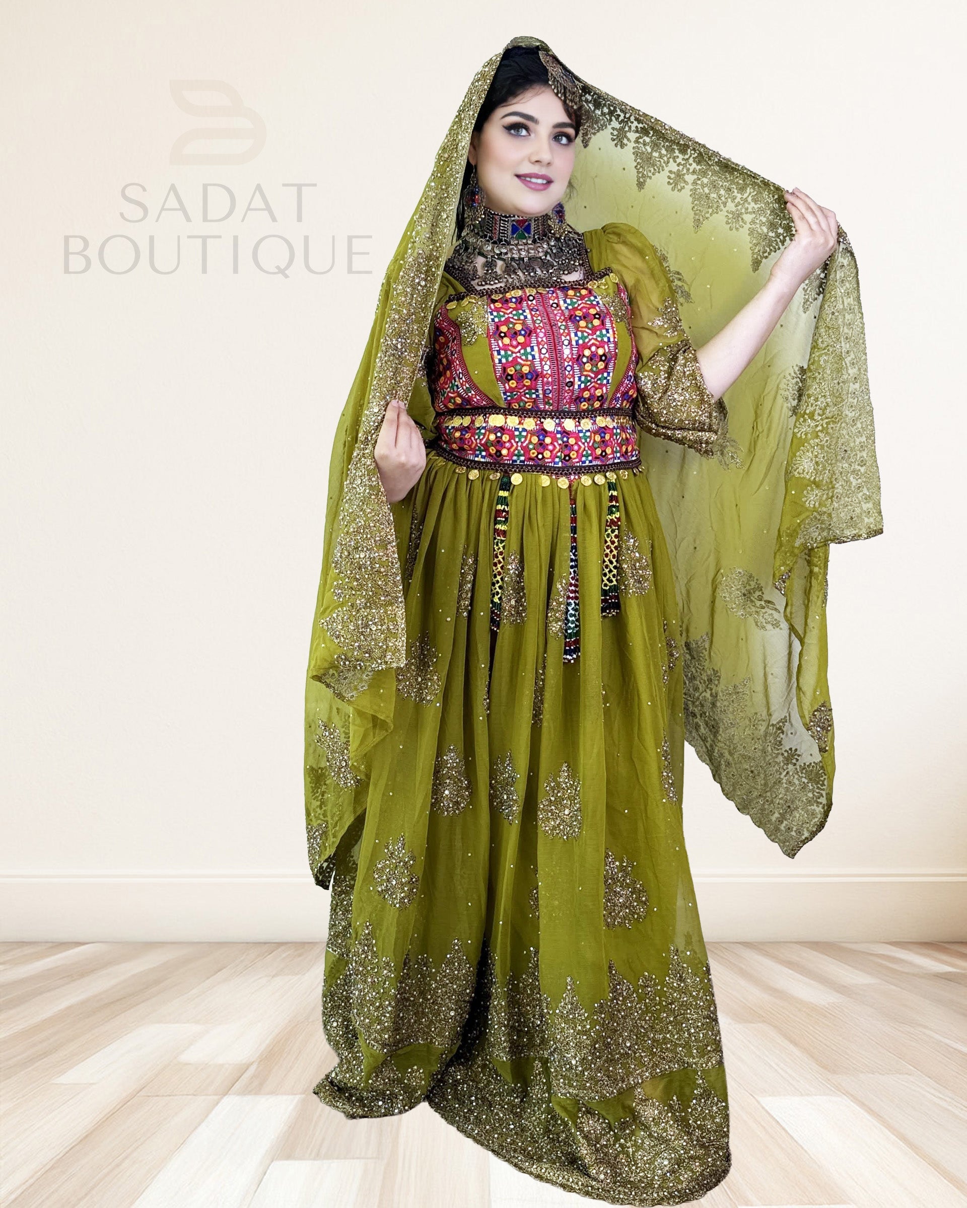 Olive-Gold Afghan Traditional Dress Sadat Boutique
