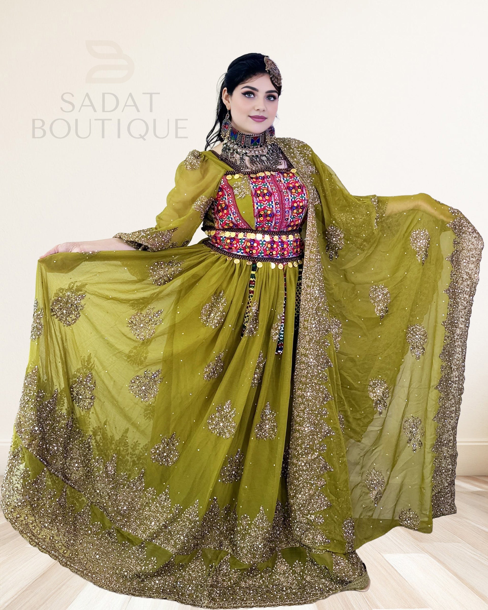 Olive-Gold Afghan Traditional Dress Sadat Boutique