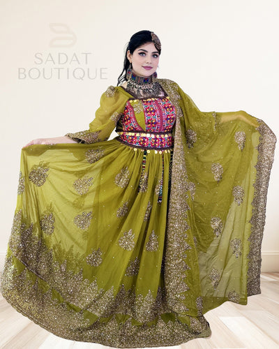 Olive-Gold Afghan Traditional Dress Sadat Boutique