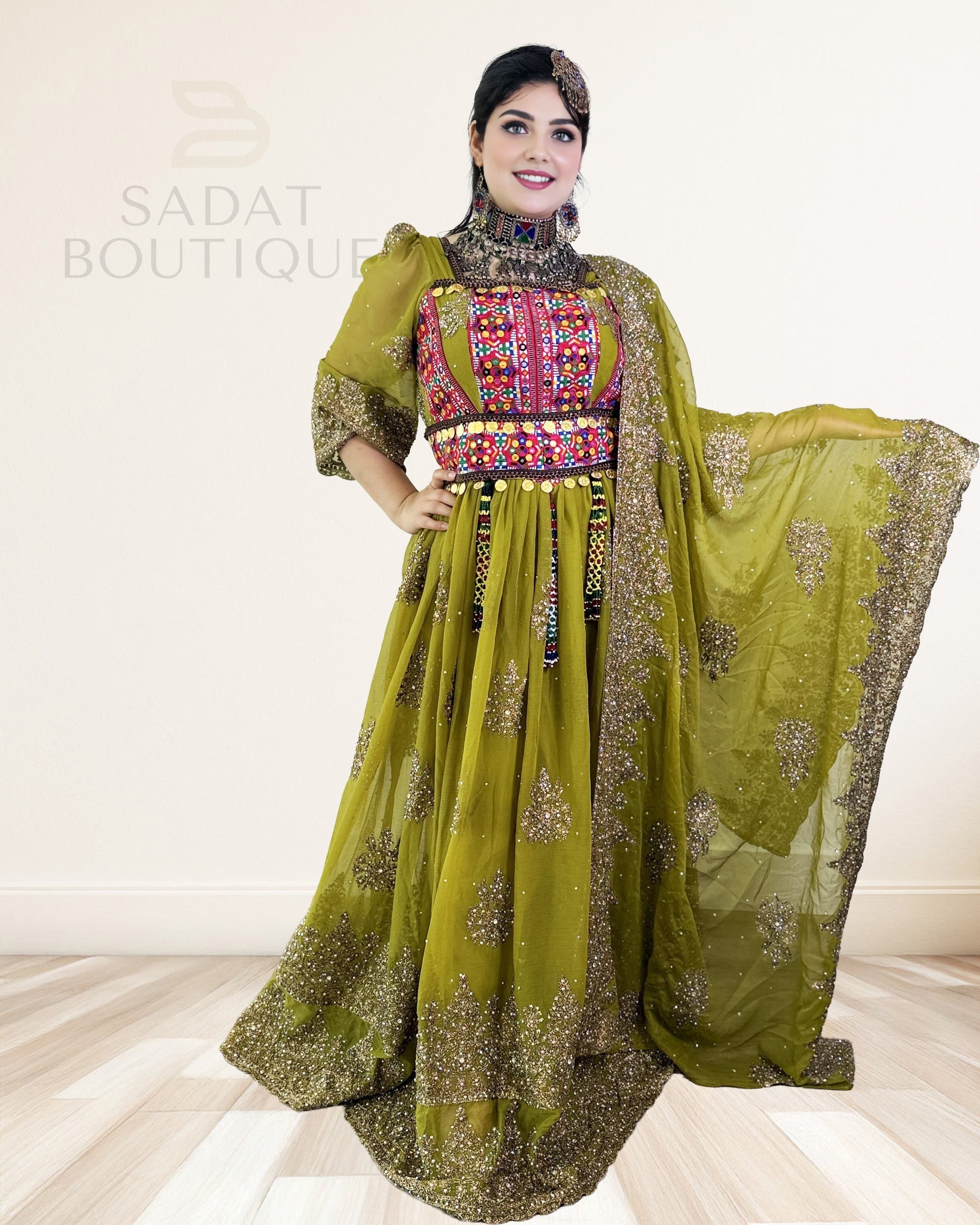 Olive-Gold Afghan Traditional Dress Sadat Boutique Olive-Gold Afghan Traditional Dress Sadat Boutique
