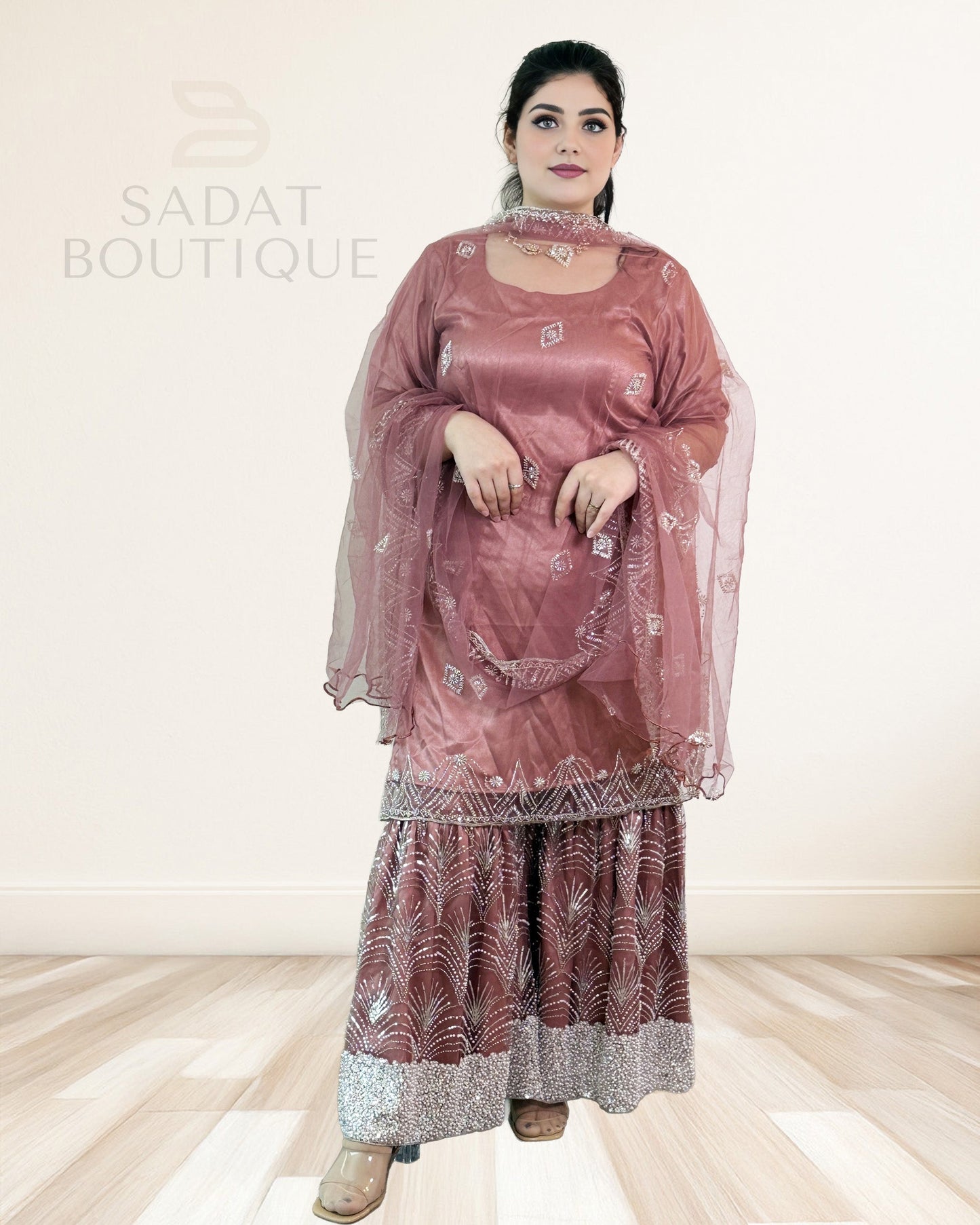 Rose Mauve Embroidered Sharara Suit – 3-Piece Set Sadat Boutique