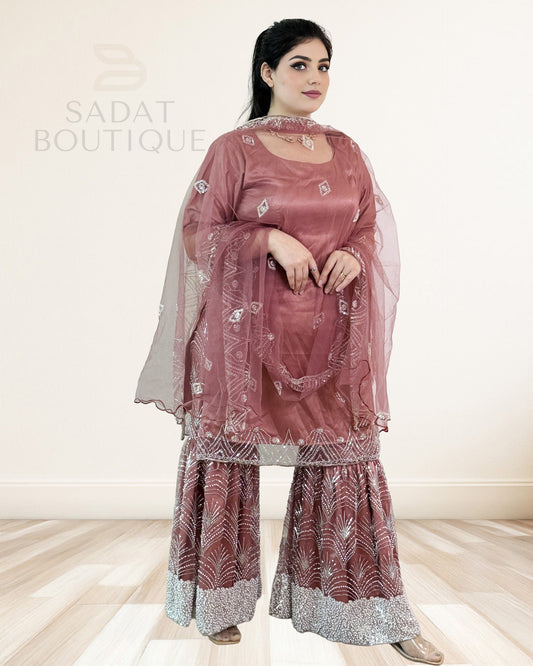Rose Mauve Embroidered Sharara Suit – 3-Piece Set Sadat Boutique